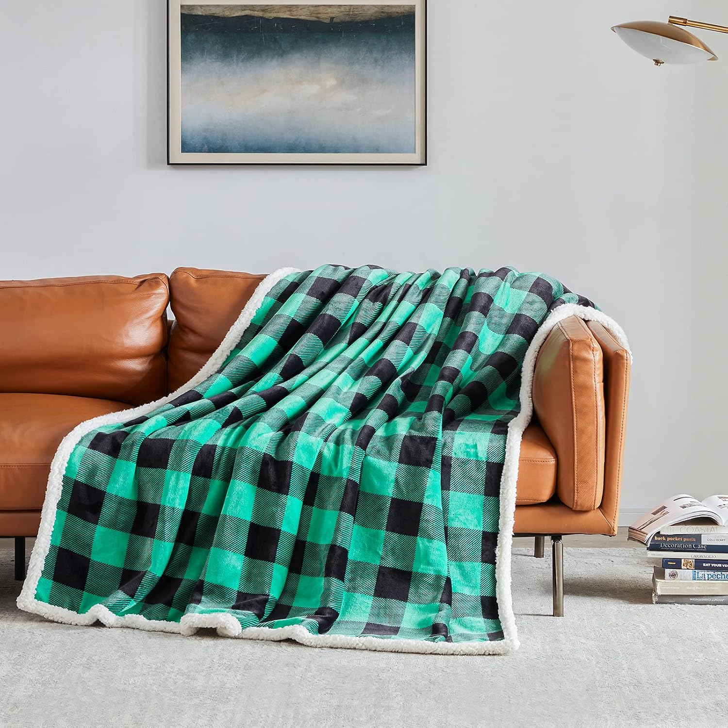 Sherpa green and black buffalo plaid christmas twin blanket 60" x 70", fuzzy fluffy soft cozy blanket, fleece flannel plush microfiber blanket for couch bed sofa (green and black) - view 6