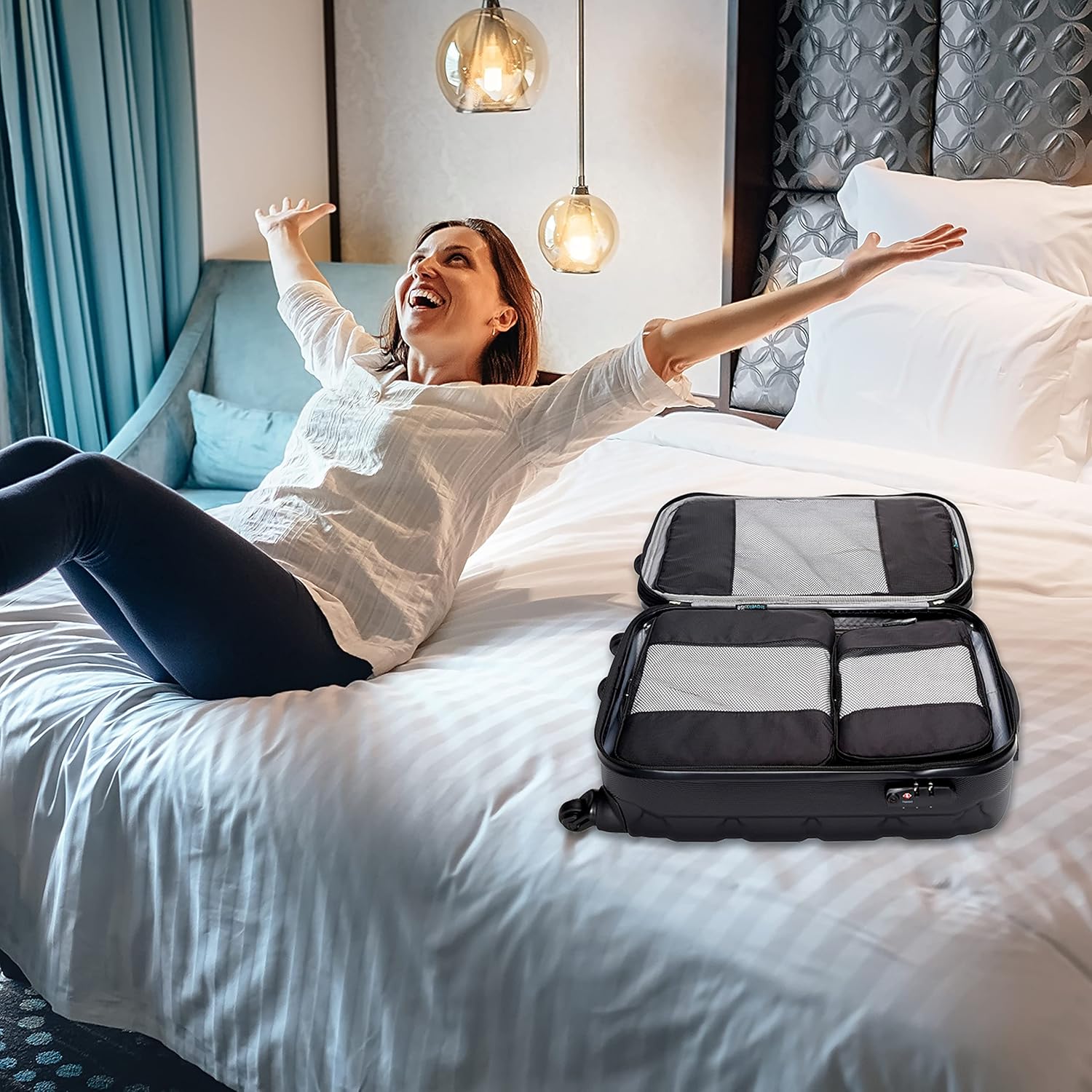 Packing cubes for travel - 5 piece set with pattern design, lightweight ripstop nylon luggage organizers with mesh panel, small medium large sizes - view 6