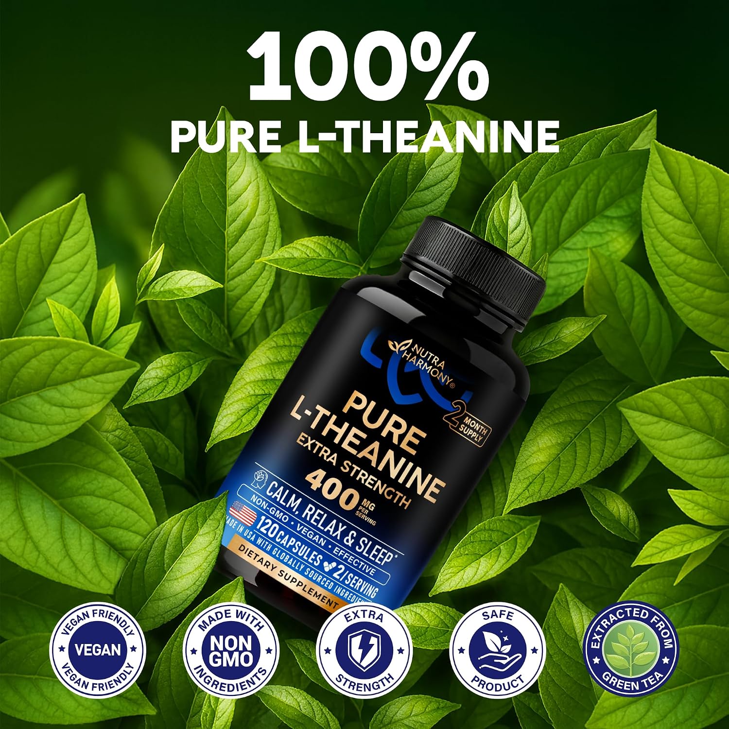 L-theanine 400 mg - L theanine for stress relief - plant based - 120 caps, extra strength L theanine supplement for men & women - relaxation, sleep & calm support - lab tested, vegan, non-GMO - view 4