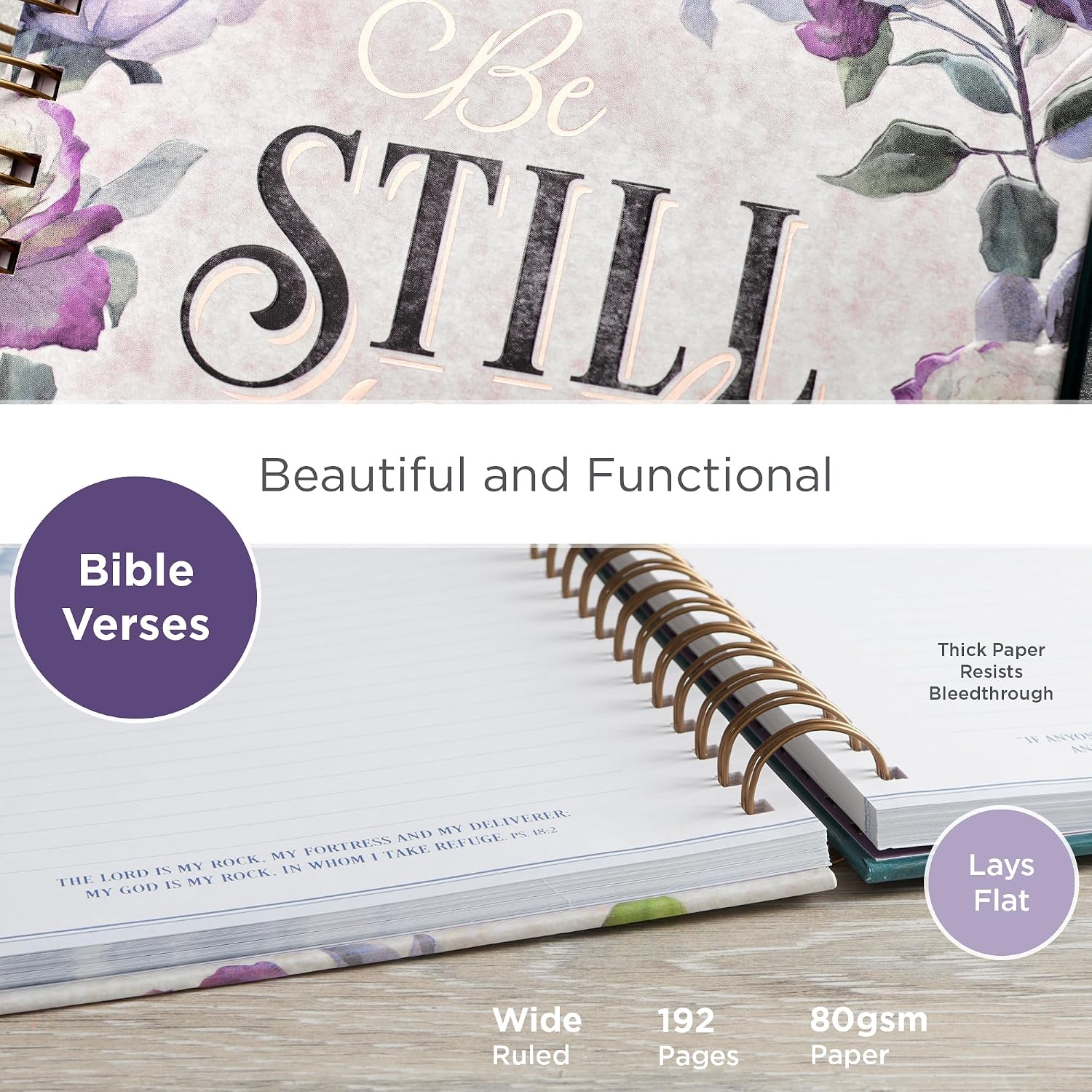 Spiral journal: be still and know - Psalm 46:10 | women gifts, hardcover notebook, wide ruled notebook, christian journal, 192 lined pages, floral, purple (8.4" x 6.4" x 1") - view 3