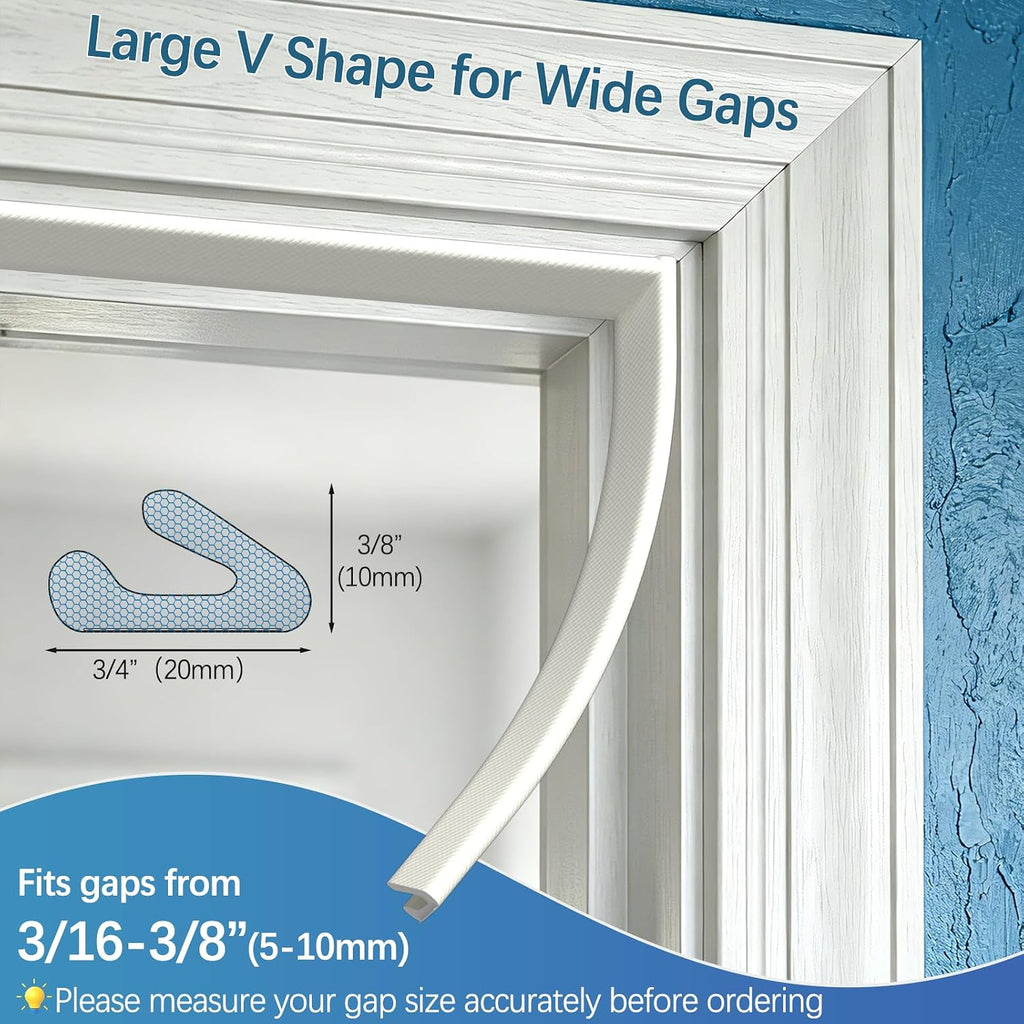 V-Shaped Weather Stripping for Doors and Windows,Large Gap Door Seal Strip | Foam Window Draft Stopper with Adhesive,Door Soundproofing Window Insulation for Winter,Fits 0.2"-0.45" Gaps (9.8',White) - view 2