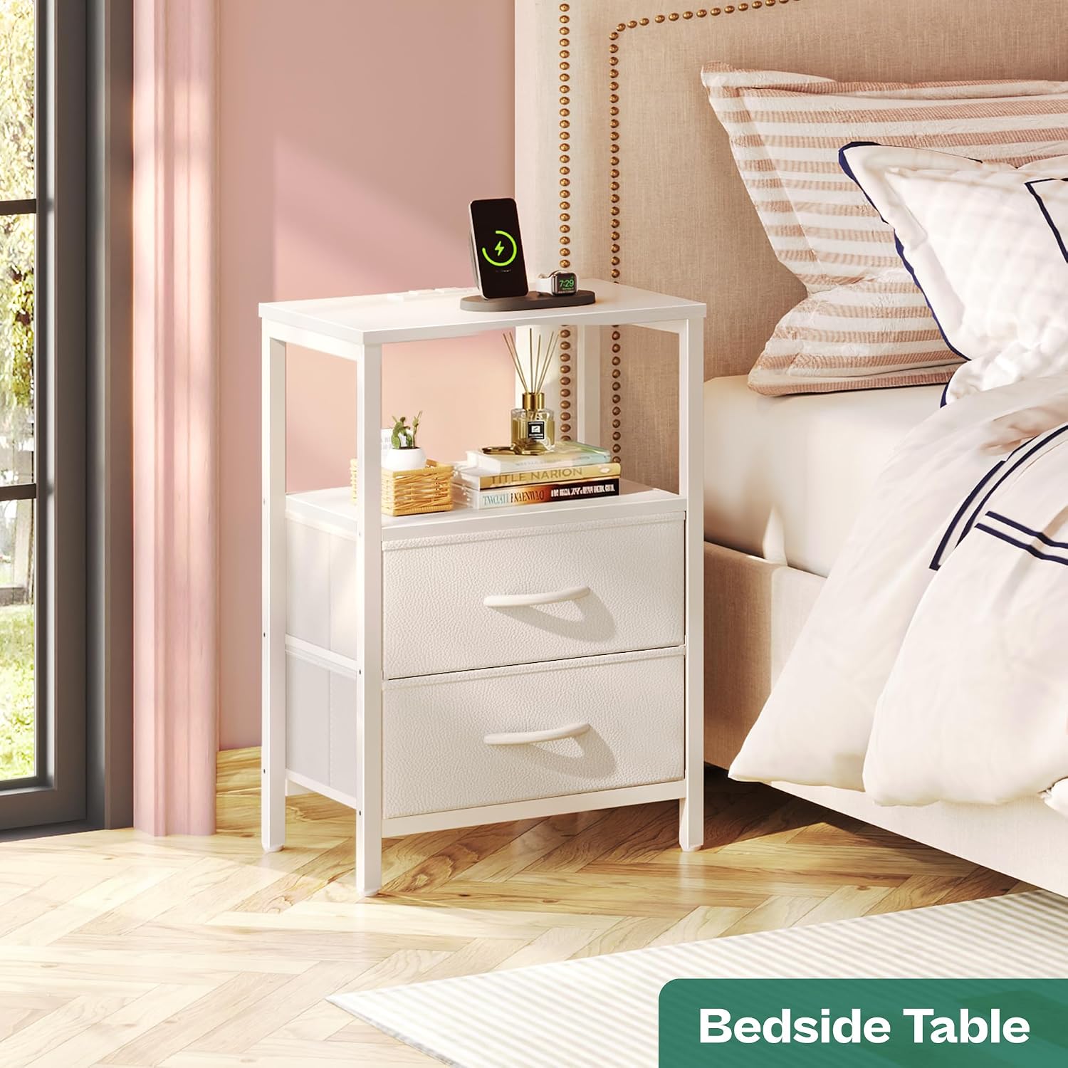 Nightstand with charging station, side table with 2 fabric drawers, end table with open shelf, bedside table with USB-C port and outlets, night stand, PU leather, White - view 3