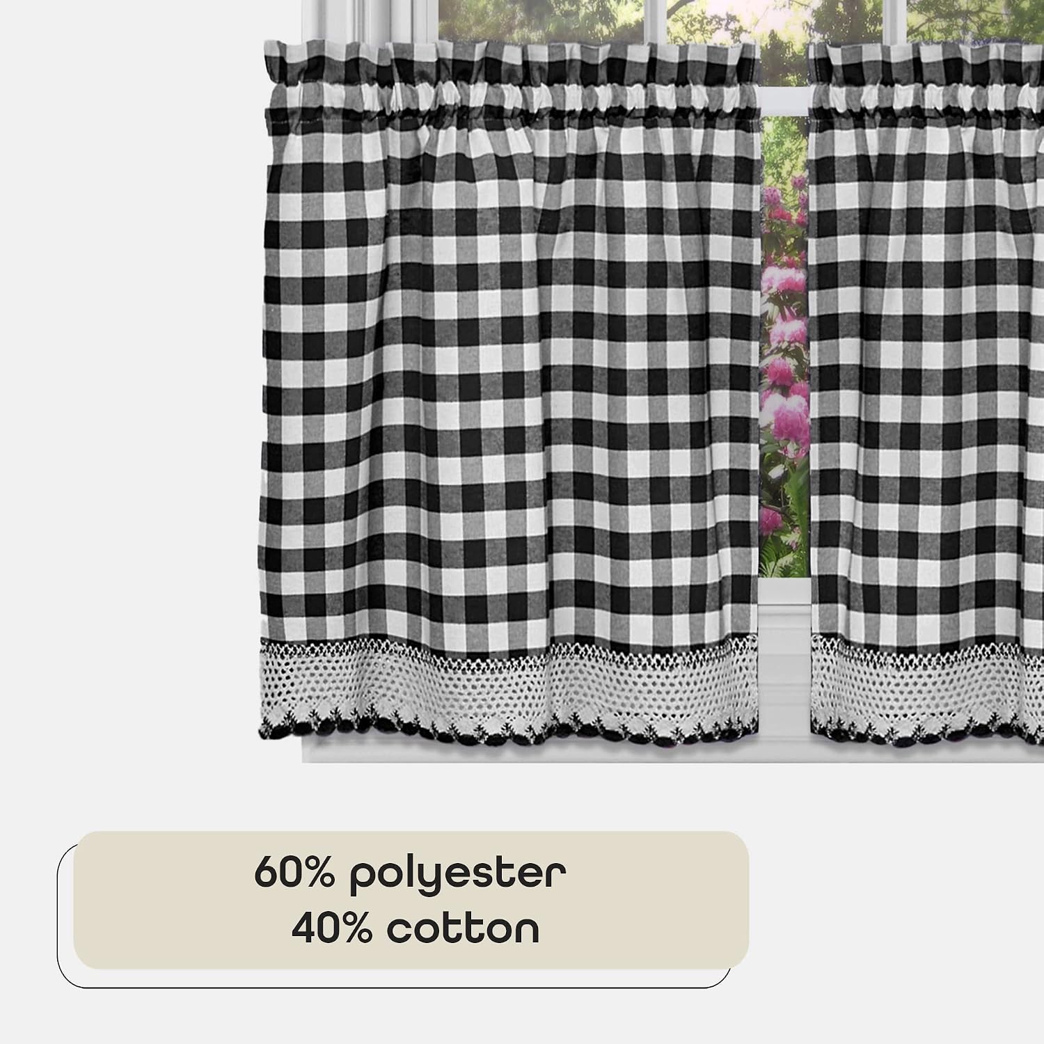Buffalo Check Tier Pair Window Curtain Set - 58 Inch Width, 36 Inch Length - Black & White Plaid Drapes - Light Filtering Drapes for Kitchen, Bedroom, Living & Dining Room Home Decor - view 3