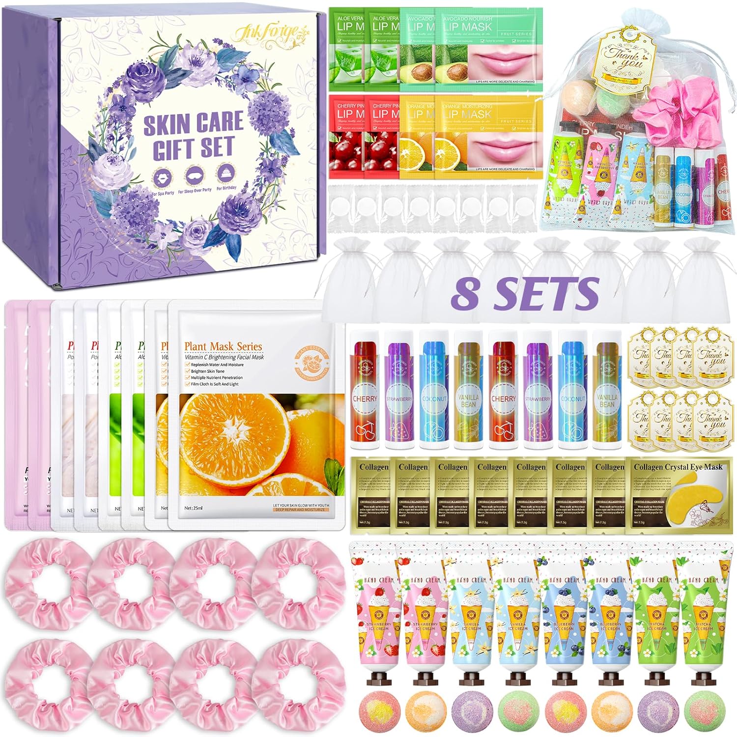 80pcs spa party favors, include face masks, lip balm, hand cream, under eye patches, lip mask, foot bath bombs, hair bands, sleepover spa party supplies, birthday kit for women girls gift skincare set