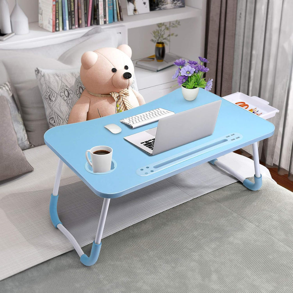 Bed desk for laptop and writing with storage, cup holder, light, fan, pen holder, tablet holder, foldable, for bed, couch, floor, portable, blue - view 3