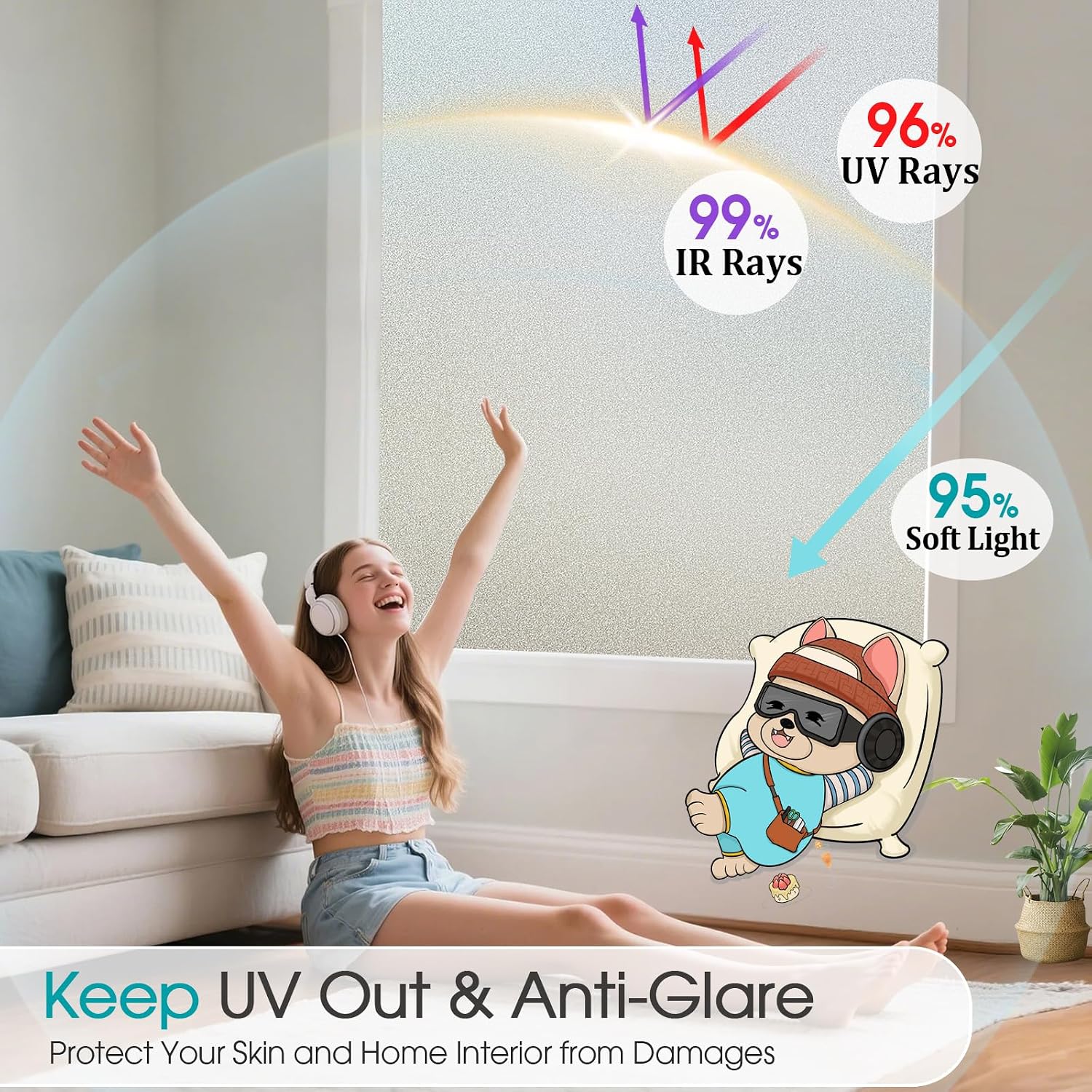Frosted glass window privacy film, static cling, 17.5" x 78.7" | day night opaque decorative, non adhesive removable, anti-UV heat blocking, renter friendly front door bathroom, easy cut - view 4