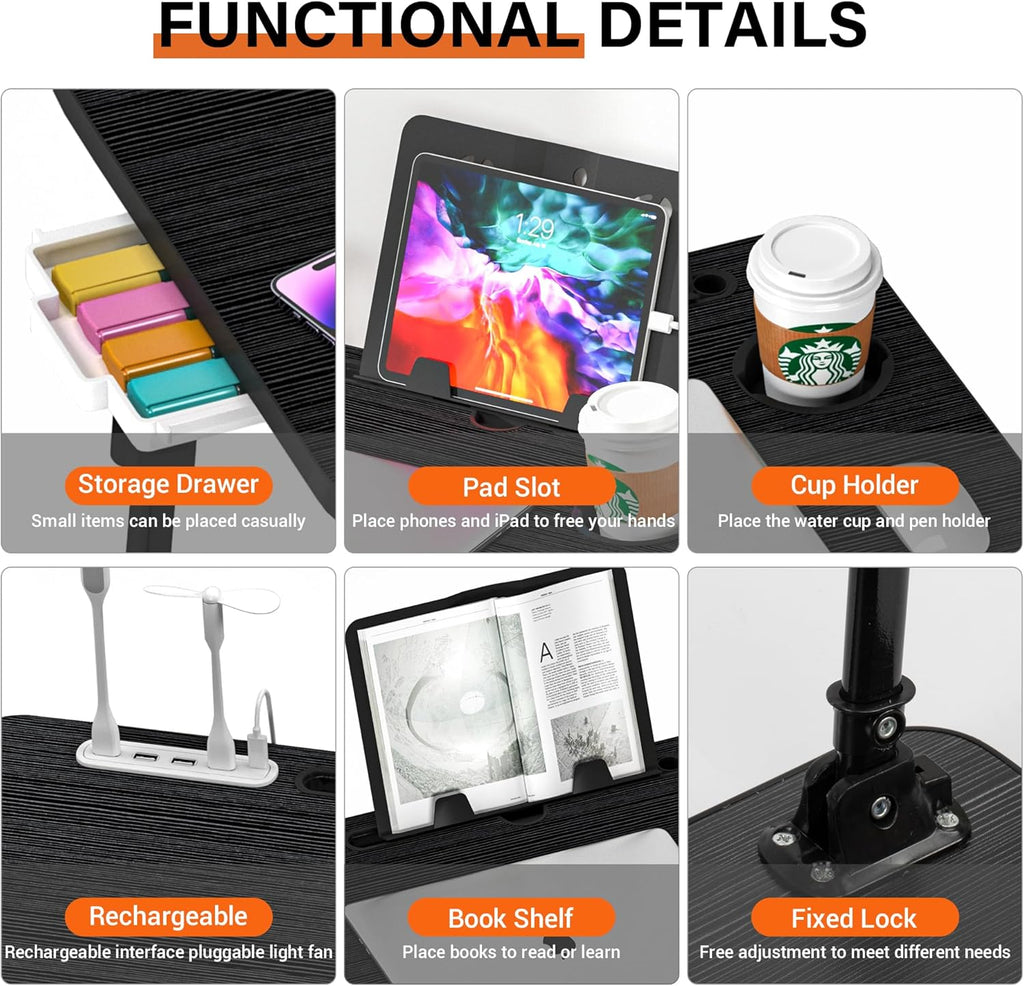 Lap desk for bed adjustable height with USB port 23.6" x15.7" desktop storage drawer, bookshelf, fits 17" laptop, for couch WFH study, foldable non-slip no assembly sturdy lightweight black - view 5