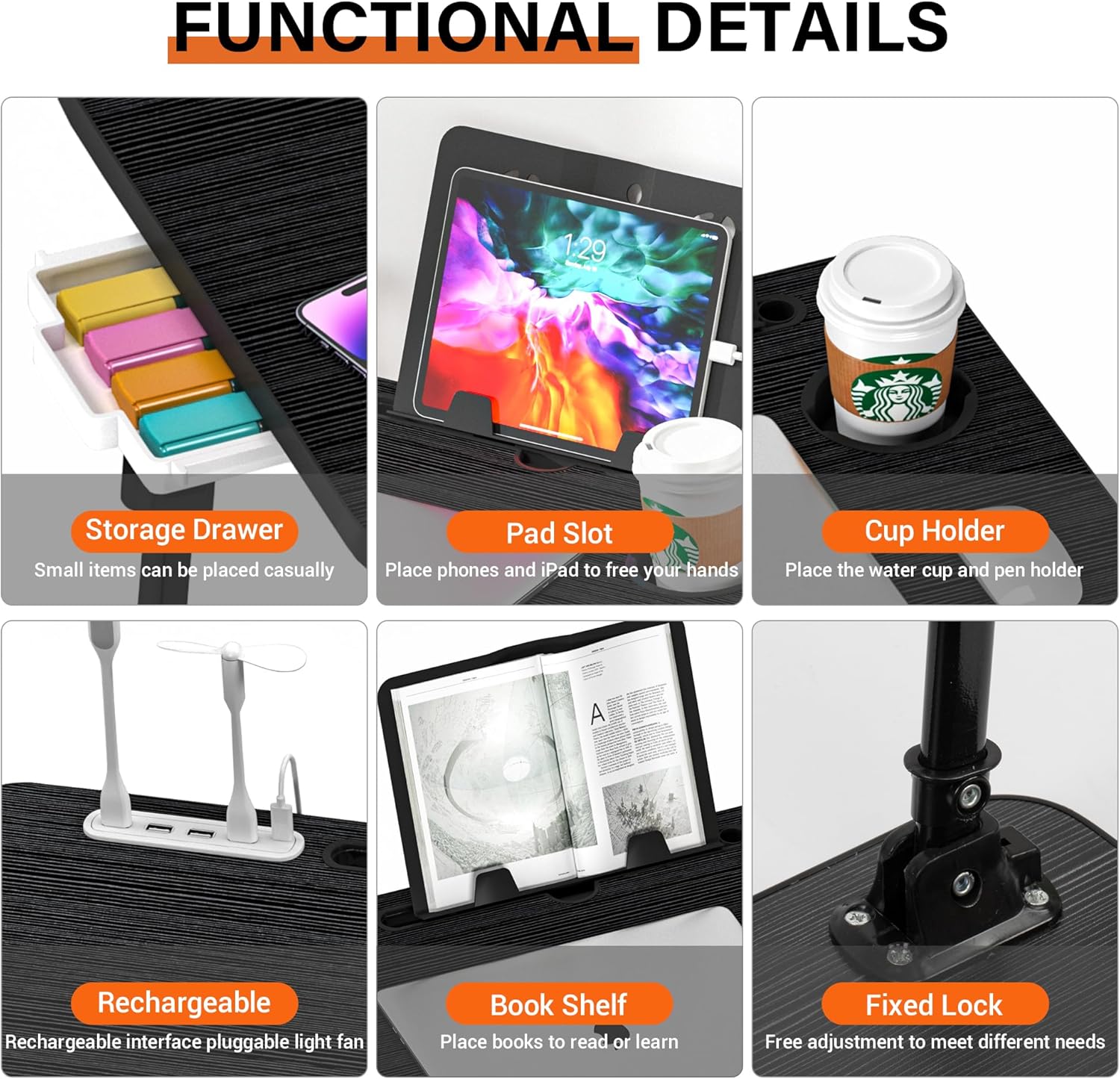 Lap desk for bed adjustable height with USB port 23.6" x15.7" desktop storage drawer, bookshelf, fits 17" laptop, for couch WFH study, foldable non-slip no assembly sturdy lightweight black - view 5