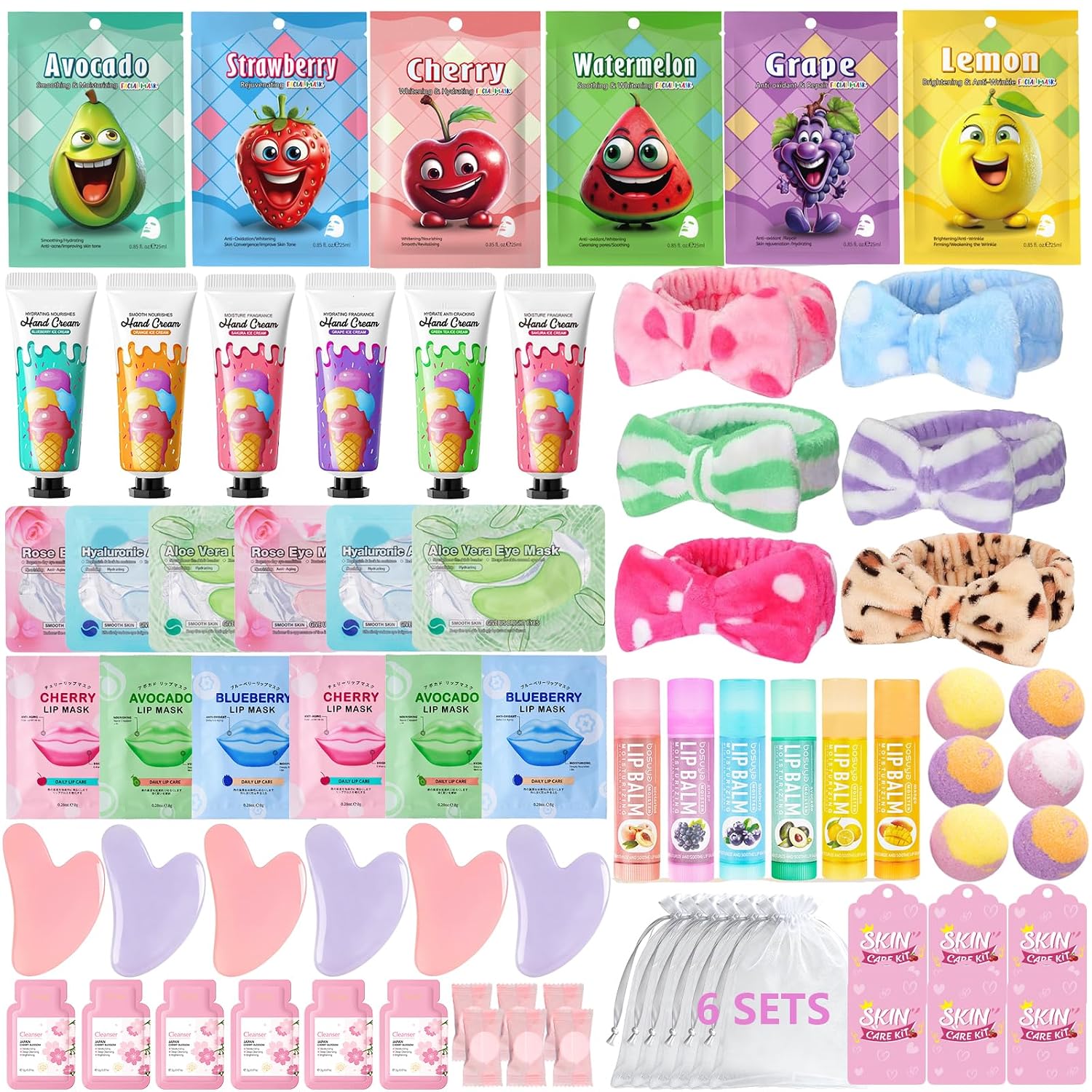 72 PCS spa party supplies for girls, spa party favors include face masks skincare, lip balm, under eye patches, foot bath bomb, spa headband, sleepover party supplies spa birthday kit for women