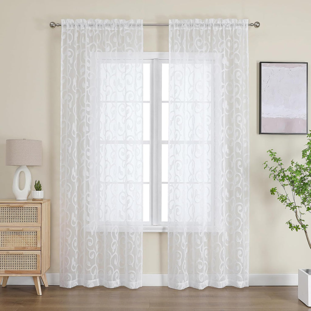 Sheer white curtains 84 inches long for bedroom living room 2 panels set, white curtains jacquard clip light filtering semi sheer curtain rod pocket window drapes, 2 pcs each 40 W 84 L - view 2