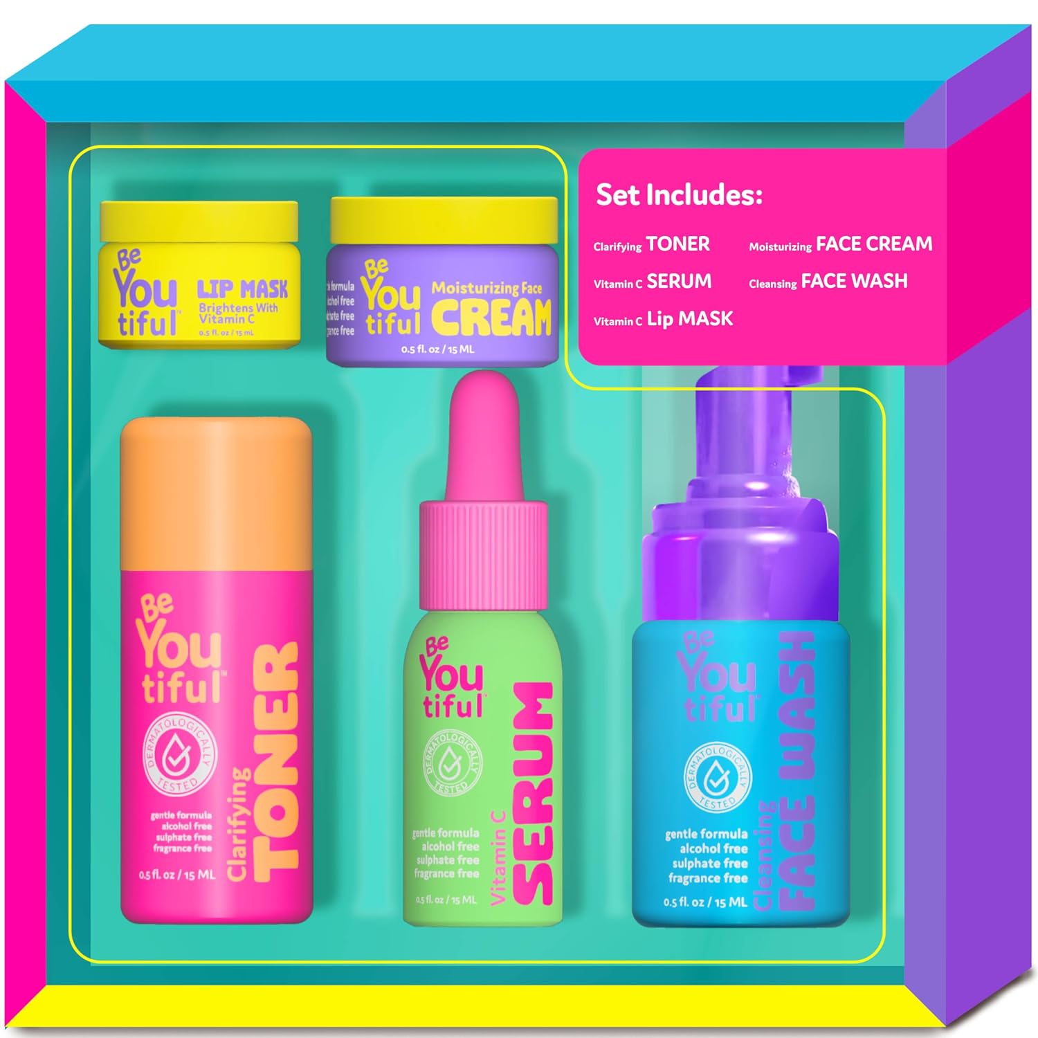 Skin Care Gift Set for Teens, Moisturizer Lotion Lip Mask, Toner | BFF Regimen 5-Piece Kit for Sleepovers & Kids Skincare, Face Wash, Serum, Vegan, Cruelty-Free, Great for Daily Skin Care
