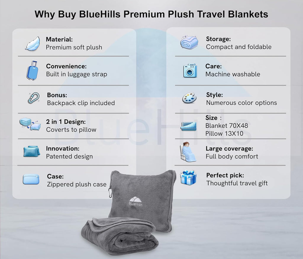 Premium Soft Long Travel Blanket Pillow Airplane Large Size Gray | 70 X 48 Large Travel Blanket, Soft Bag Pillowcase, Hand Luggage Belt & Backpack Clip, Long Flight Essentials, Travel Gifts - view 2