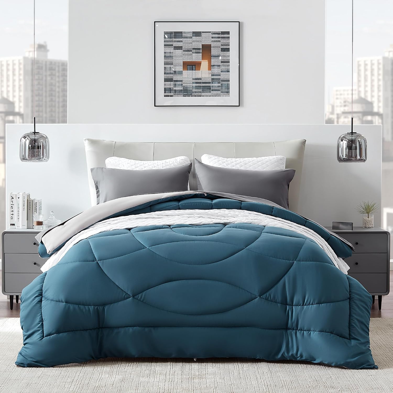 Comforter duvet insert, queen size quilted reversible comforters, soft all season duvet, down alternative breathable bedding with 8 tabs, 2 sides teal gray 88 x 88 inches