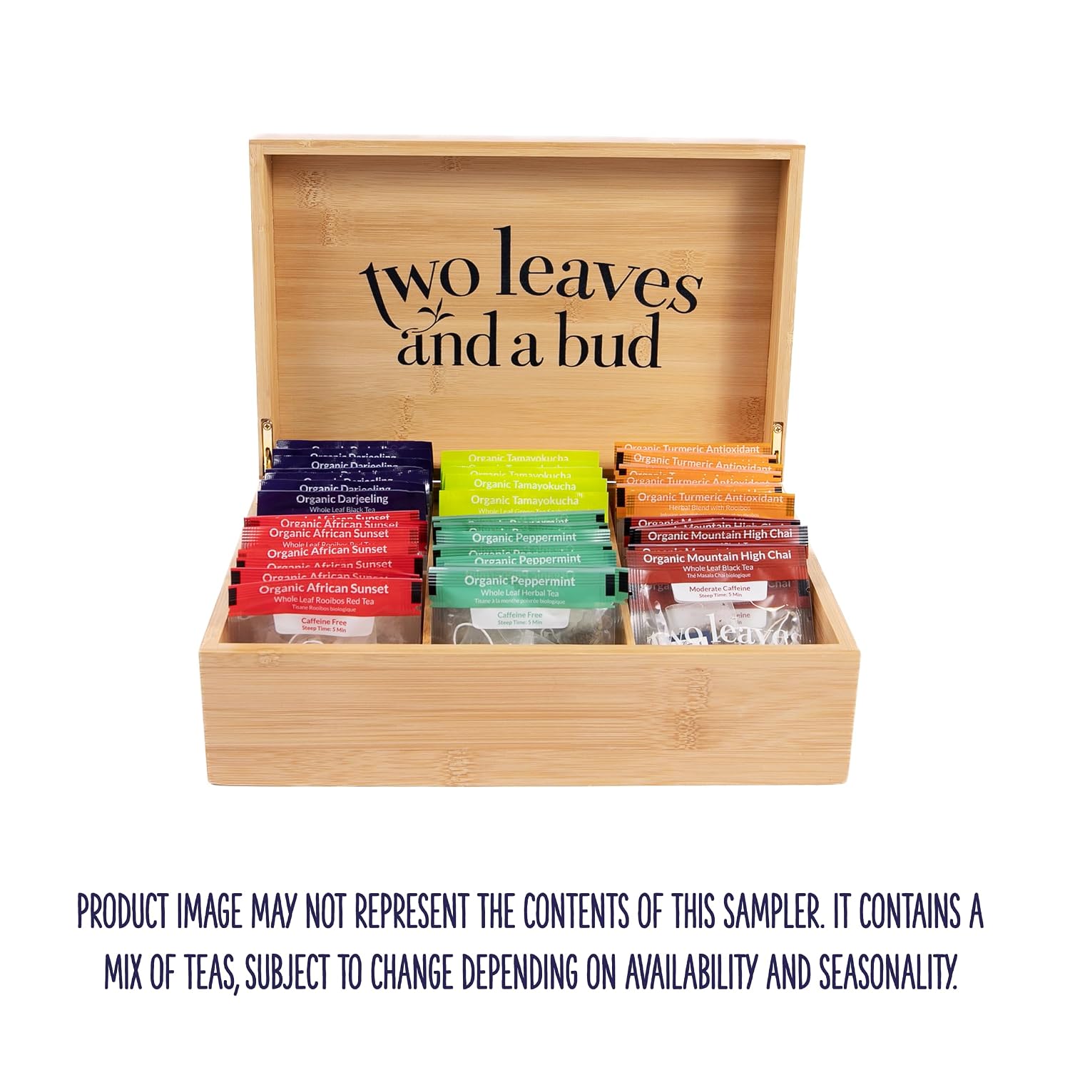Organic Tea Sampler in 6-Slot Bamboo Presentation Box | Filled Gift Box with Tea Assortment of Green, Black, and Herbal Teas - view 2