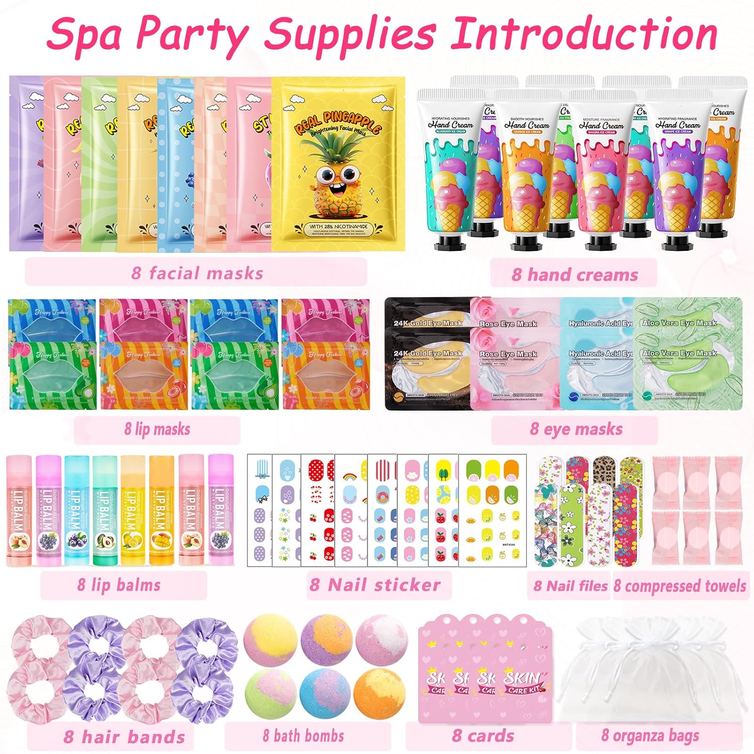 96 pcs spa party supplies for women, spa favors include face masks, hand cream, lip balm, under eye patches, lip mask, foot bomb, nail stickers, sleepover party supplies birthday kit for girls gift set - view 2