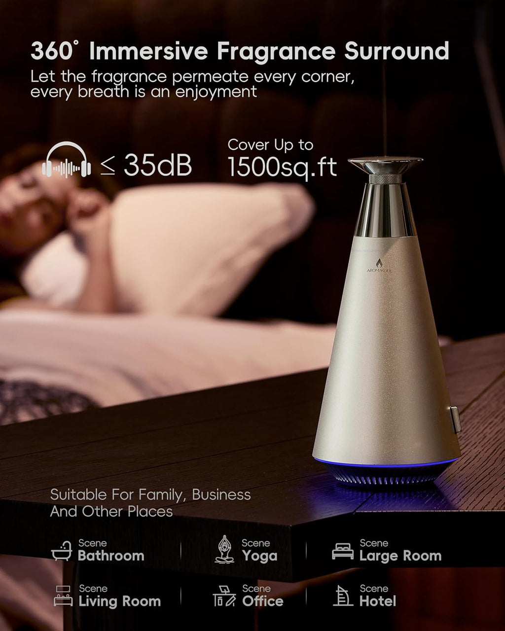 All-Metal Waterless Scent Diffuser Kit – 1500 Sq.Ft Coverage, Wireless Rechargeable,App Control, Mood Light, Hotel Scent Diffuser, Includes 5×15ml Essential Oils, for Home,Large Room,Spa,Silver - view 5