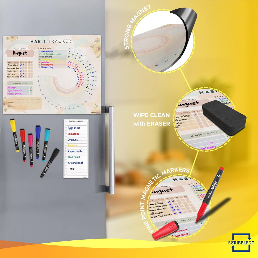 Habit Tracker Journal Workout Motivation Fridge Calendar Dry Erase 13” X 17” Magnet Health Fitness Goal Tracker Goals Board - With Shopping Grocery List - 6 Markers Included - view 4