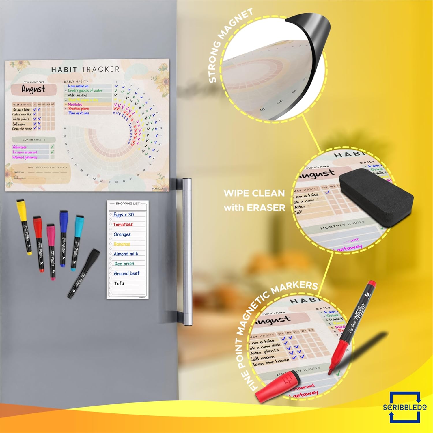 Habit Tracker Journal Workout Motivation Fridge Calendar Dry Erase 13” X 17” Magnet Health Fitness Goal Tracker Goals Board - With Shopping Grocery List - 6 Markers Included - view 4