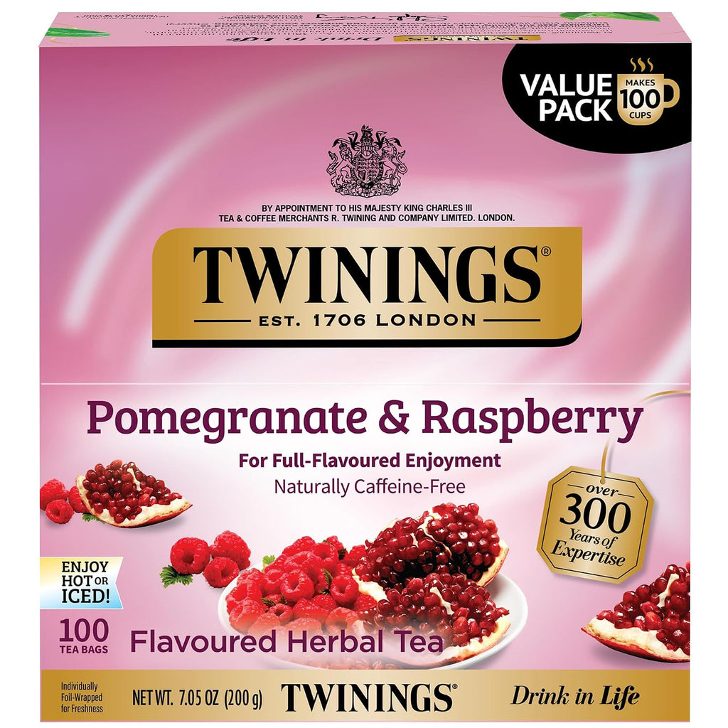 Pomegranate & Raspberry Herbal Tea Individually Wrapped Bags, 100 Count (Pack of 1), Naturally Caffeine-Free, Enjoy Hot or Iced, 100 Teabags | Fruity With Rosehips, Hibiscus, Naturally Caffeine-Free, 100 Foil Lined Individually Wrapped Bags, Hot or Iced,