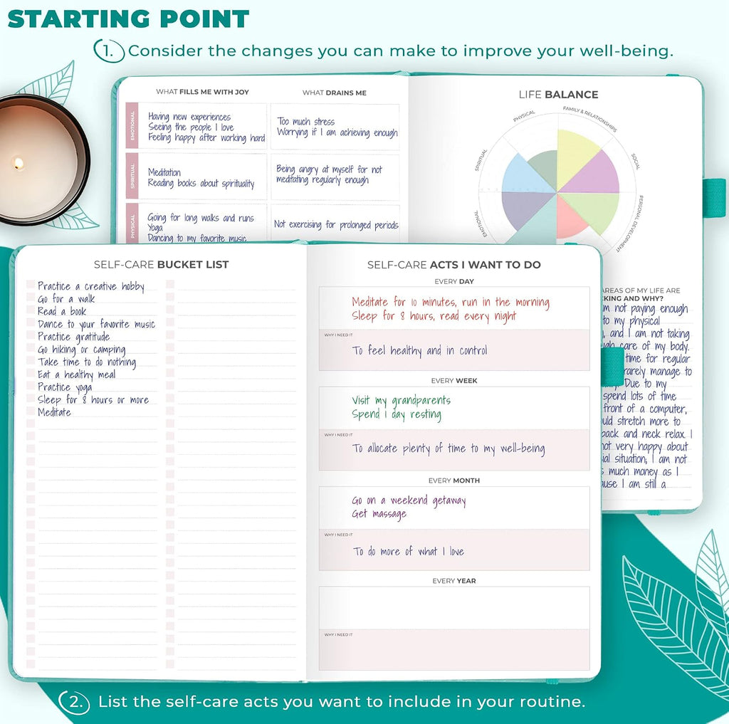 Self-care journal for women, daily planner 5.8x8.3 turquoise | 3-month mental health journal, habit tracker, wellness journaling supplies for women & teen girls, gratitude & mood log - view 2