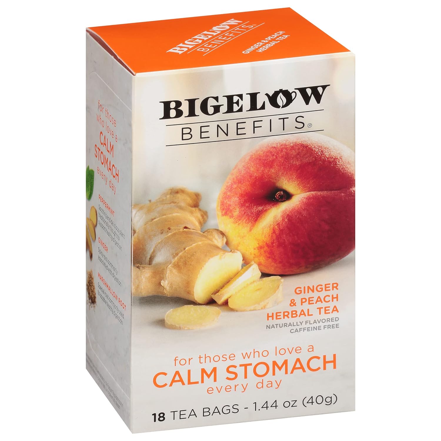 Benefits Calm Stomach Ginger Peach Herbal Tea, 18 Count | Caffeine Free, Pack of 6, 108 Total Tea Bags
