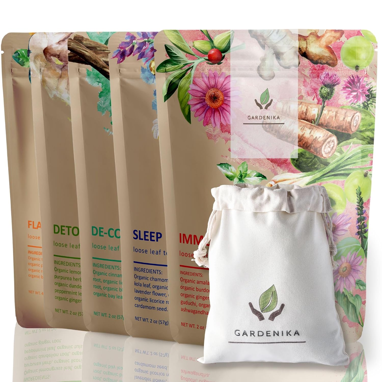 Organic Loose Leaf Tea Sampler - Herbal Caffeine-Free Set - Ayurvedic Blend, KSA Kosher, No Natural or Artificial Flavors (5 Pack)