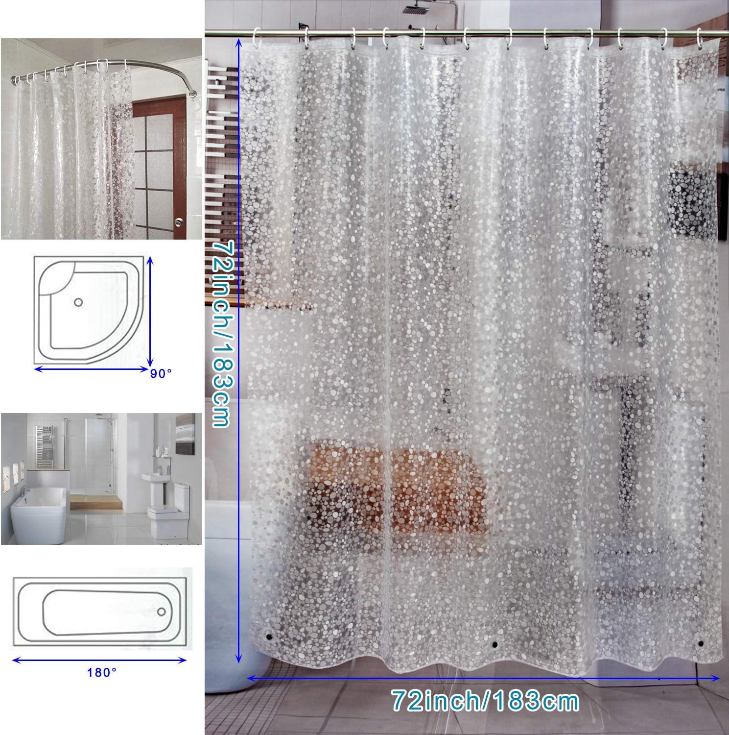 Waterproof shower curtain liner 8G EVA thick shower curtain with heavy duty 3 bottom magnets, shower liner for shower stall, bathtubs, 3D pebble pattern, 72 x 72, 12 hooks - view 7