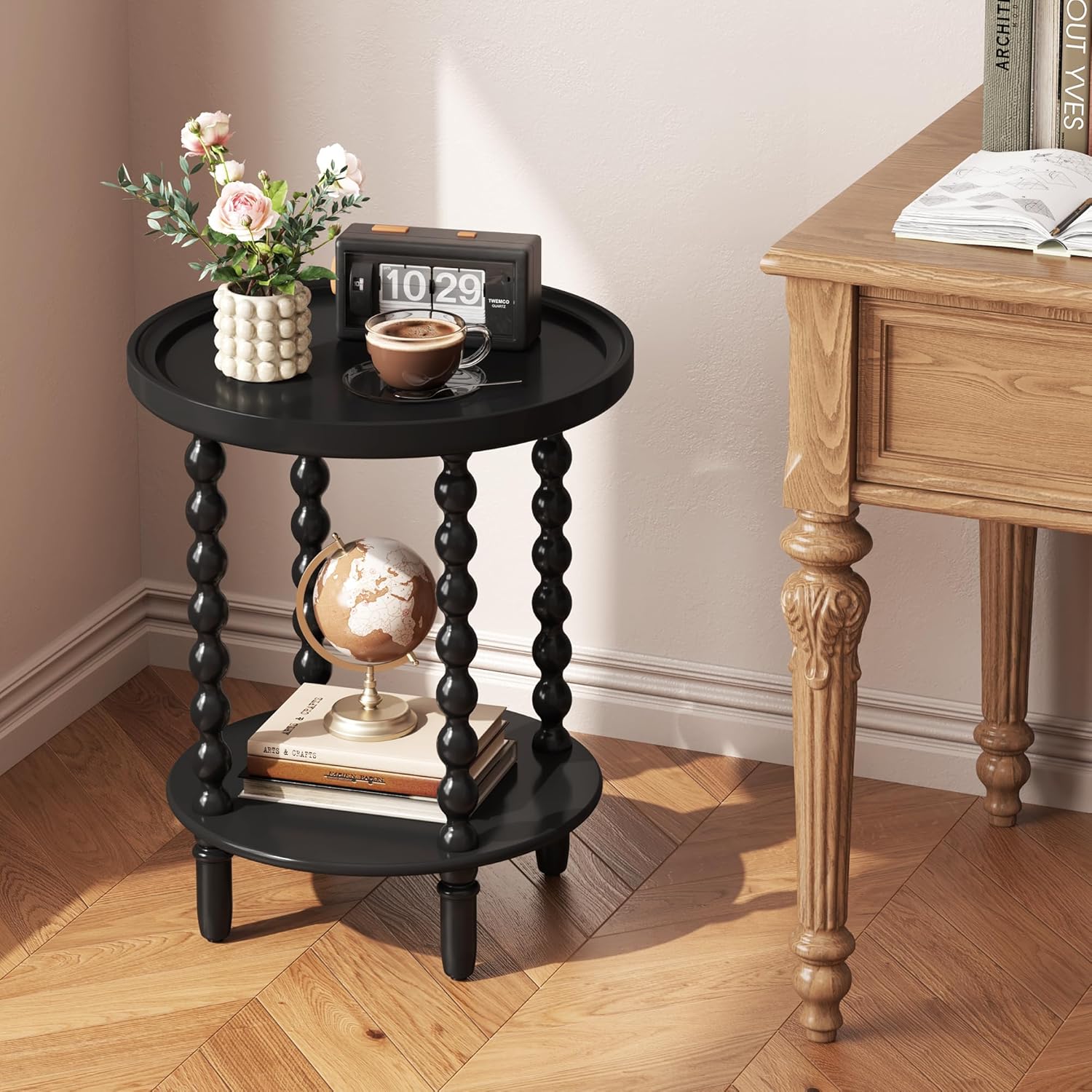 2 Tier Round Side Table with Storage Shelf,Accent Tray End Table with Modern Pedestal Legs, Nightstand Bedside Sofa Table for Living Room Bedtoom Apartment, Black - view 5