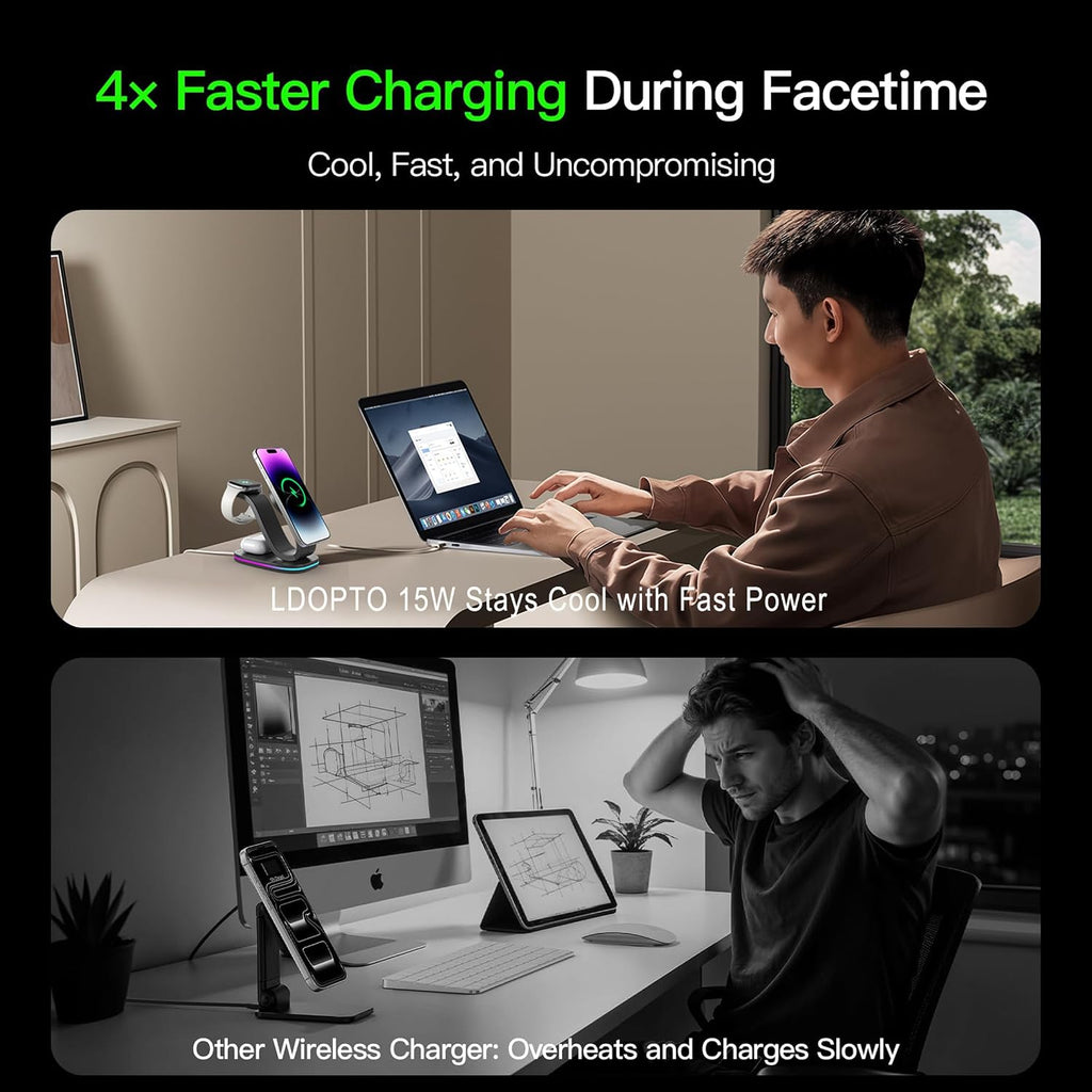 Wireless charger 3 in 1 for iPhone, magnetic charging station for Apple family with adjustable multicolor ambient light, 15W fast MagSafe charger stand, for iPhone17-12-iWatch AirPods series - view 4