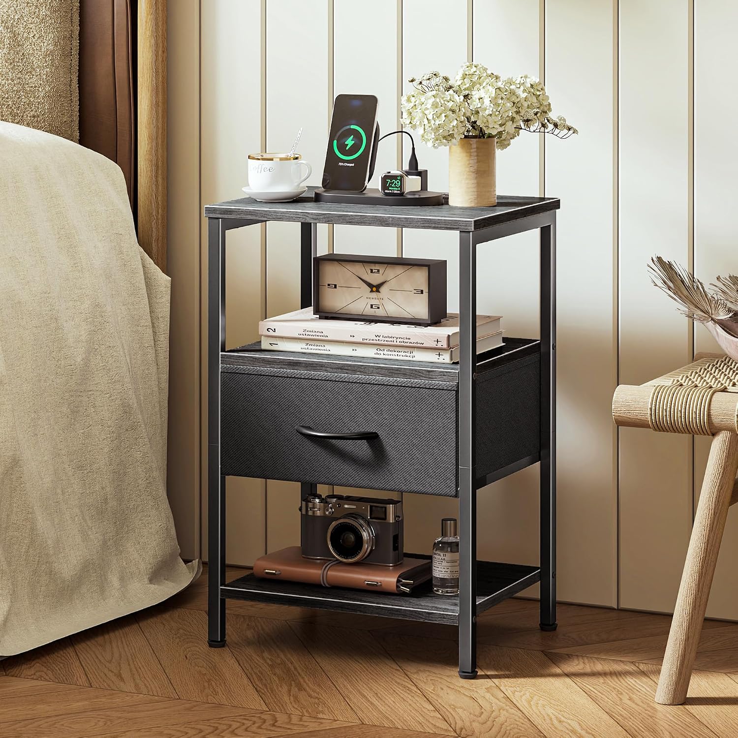 Nightstand with charging station, bed side table with adjustable fabric drawer, night stand for bedroom, 3-tier storage end table, for living room, Charcoal gray - view 2
