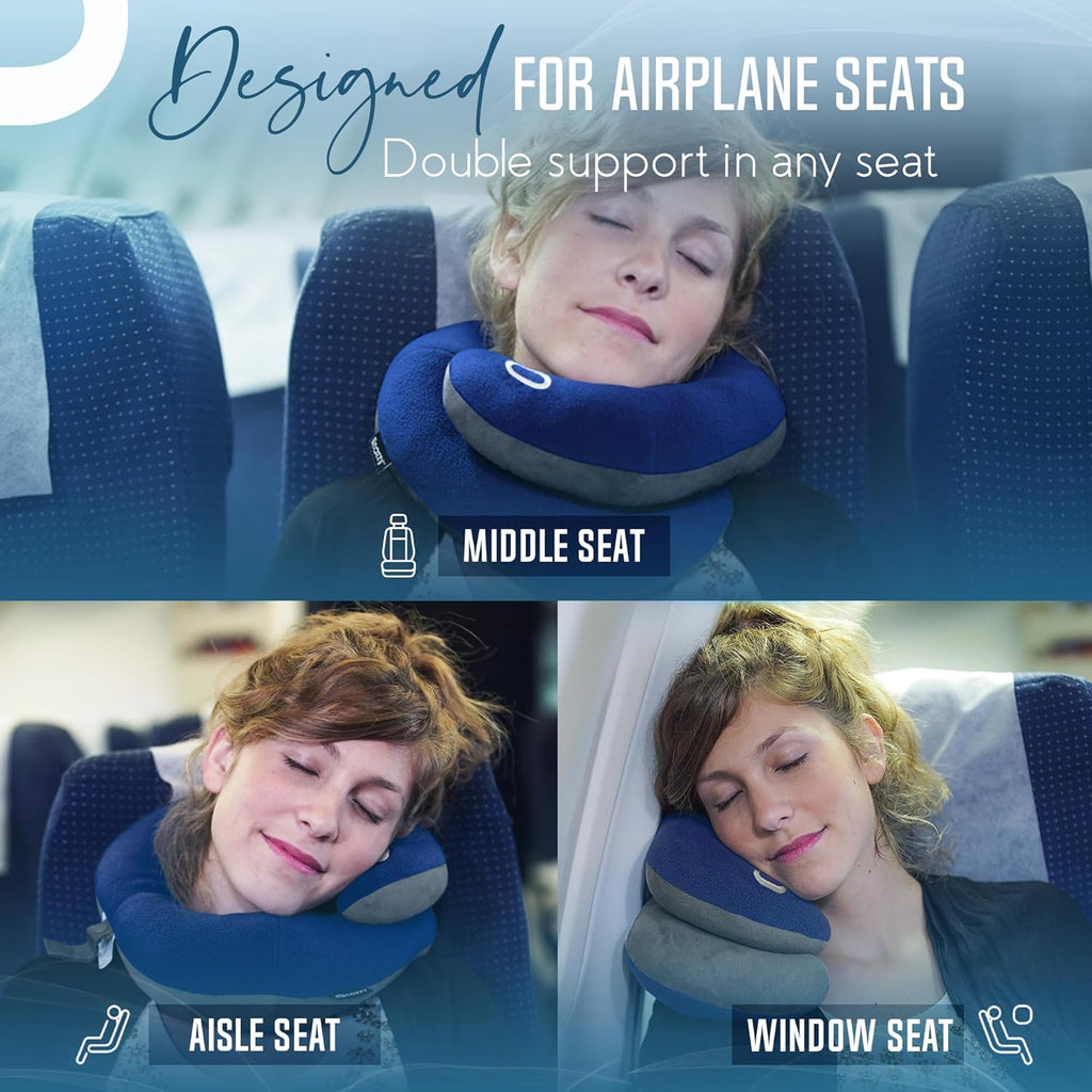 Travel neck pillow for airplane – patented double support for head, neck, and chin. Best for long flights, plane sleeping, and car rides. Adjustable size. Fully washable. Carry bag. Large, navy - view 3