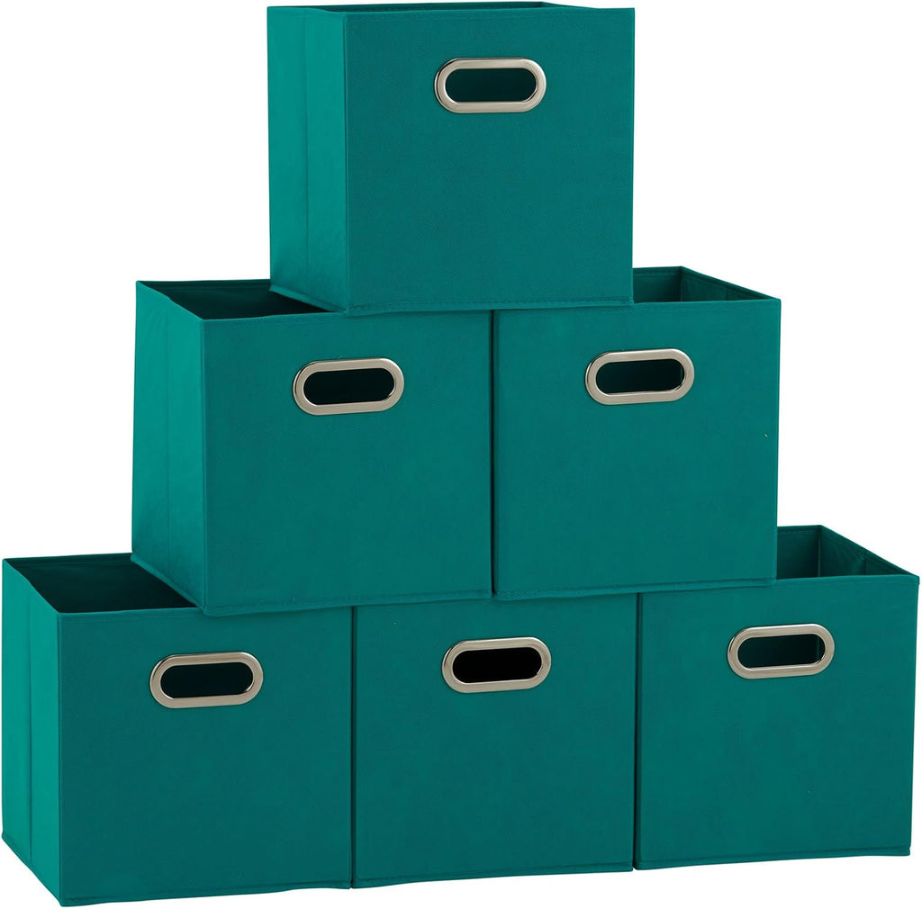 Fabric Storage Bins in Strong Poly‑Woven Fabric, Sturdy Chipboard Sides, Grommet Front Handle, Teal Green, Set of 6