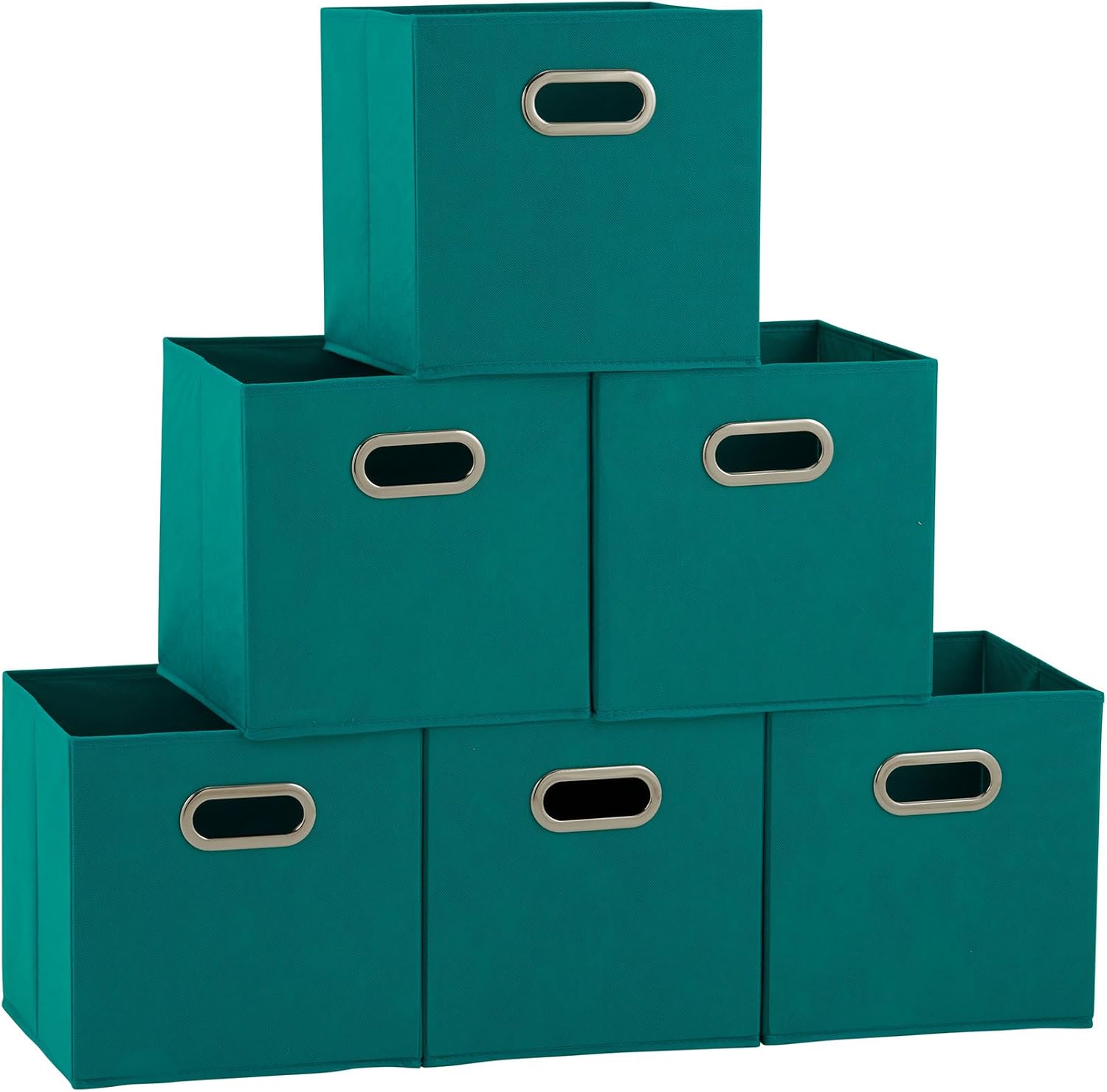 Fabric Storage Bins in Strong Poly‑Woven Fabric, Sturdy Chipboard Sides, Grommet Front Handle, Teal Green, Set of 6