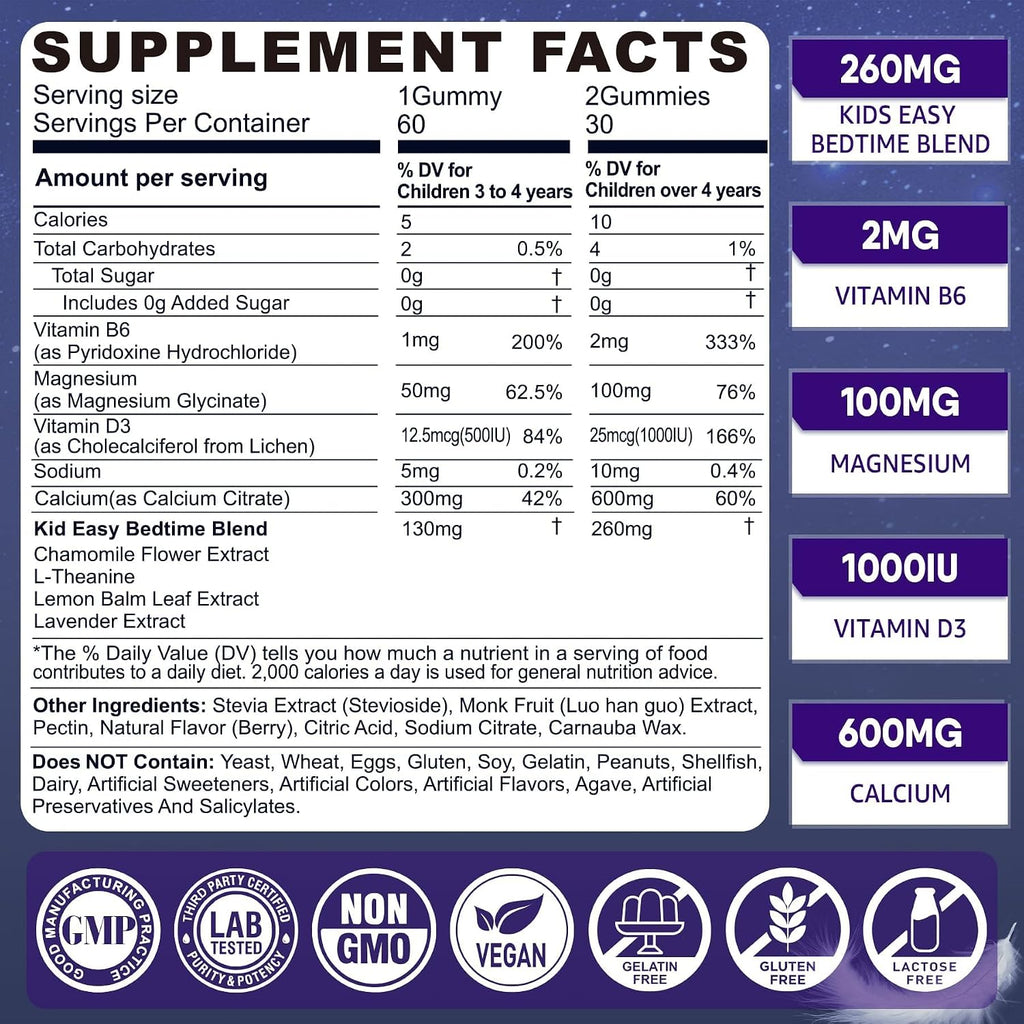 Kids sleep gummies - magnesium glycinate gummies, melatonin free sleep aid, magnesium, calcium, D3, B6, L theanine, kid melatonin alternative for restful sleep, pack of 1 - view 2
