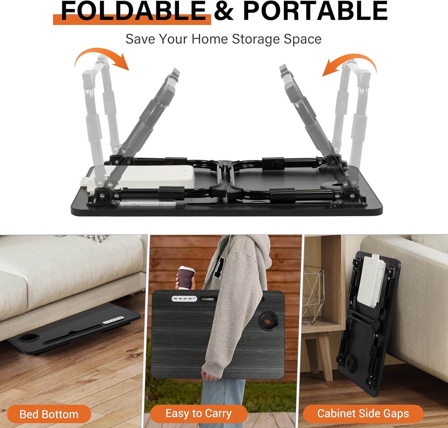 Lap desk for bed adjustable height with USB port 23.6" x15.7" desktop storage drawer, bookshelf, fits 17" laptop, for couch WFH study, foldable non-slip no assembly sturdy lightweight black - view 7