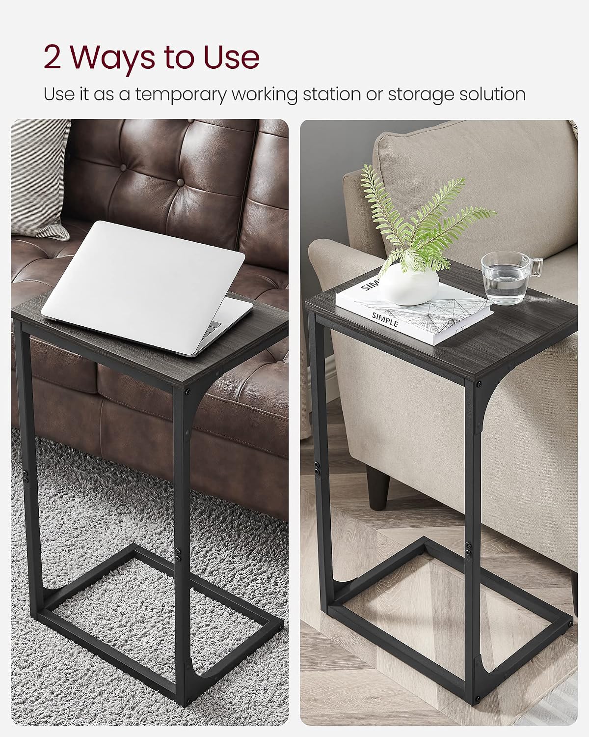 C-Shaped End Table, Side Table for Sofa, Couch Table with Metal Frame, Small TV Tray Table for Living Room, Bedroom, Ebonized Oak Finish and Black ULET353B42 - view 5