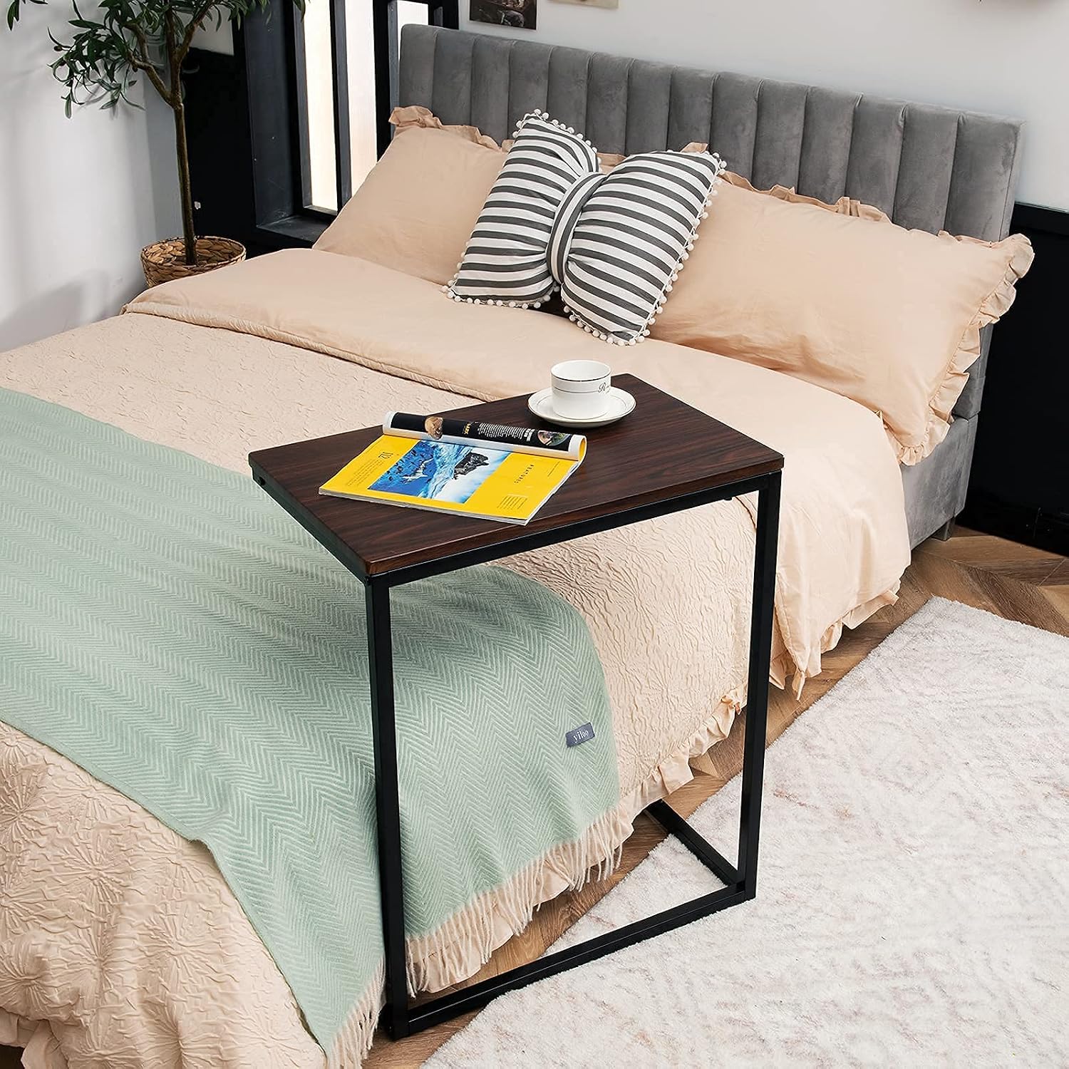 C Shaped End Table, Couch Sofa Side TV Tray for Coffee Snack Laptop, Vintage Bedside Table for Living Room, Bedroom - view 5