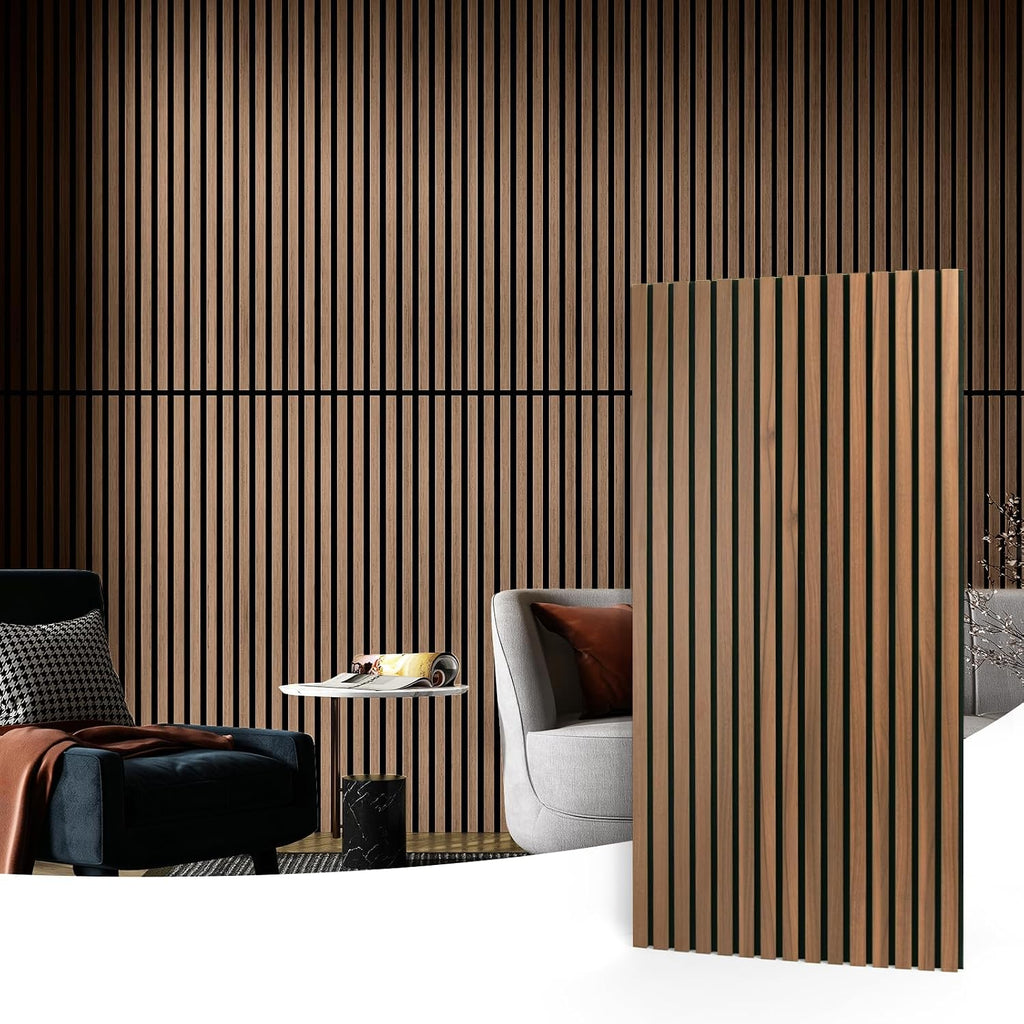 2 Wood Slat Acoustic Panels for Wall and Ceiling - 3D Fluted Sound Absorbing Panel with Wood Finish - Walnut | Noise Control, Easy to DIY, Natural Texture, Sustainable Material, Ideal for Homeowners, Designers, for Living Room, Office
