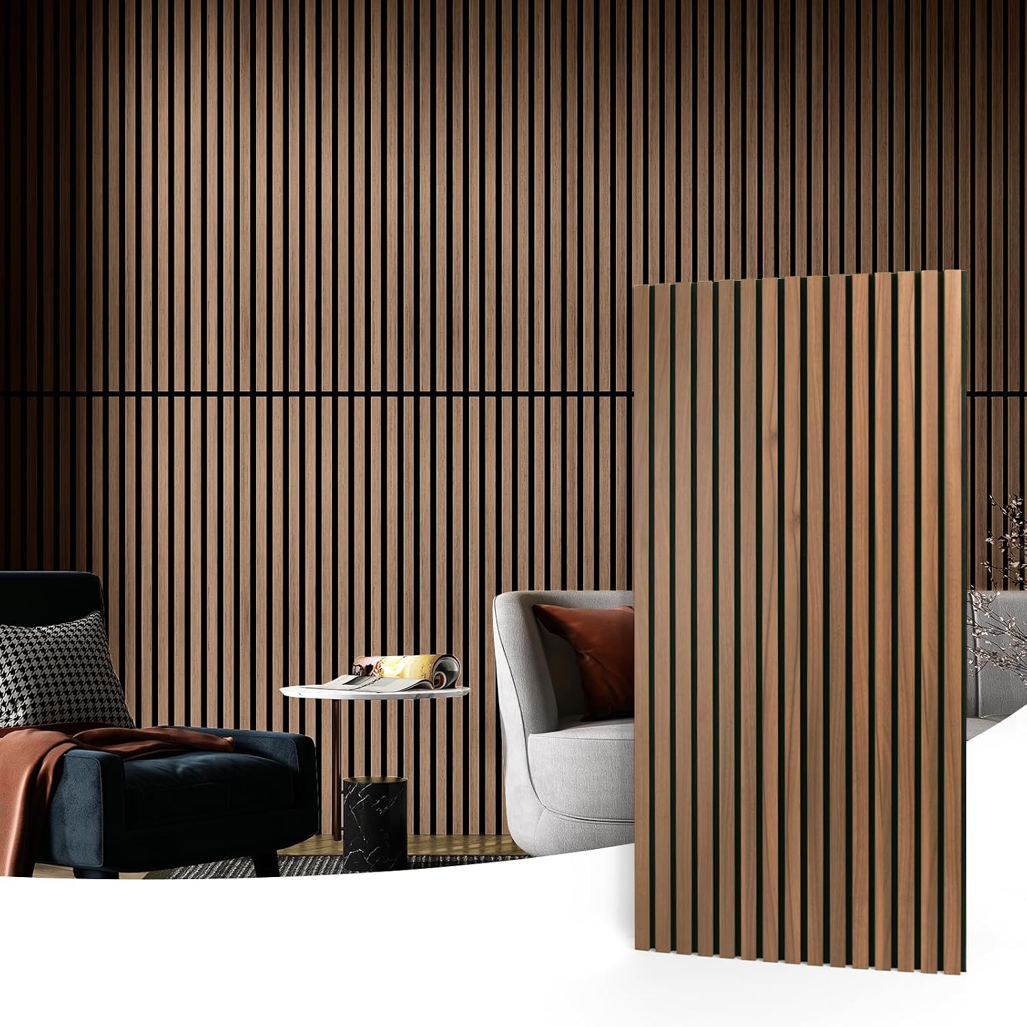 2 Wood Slat Acoustic Panels for Wall and Ceiling - 3D Fluted Sound Absorbing Panel with Wood Finish - Walnut | Noise Control, Easy to DIY, Natural Texture, Sustainable Material, Ideal for Homeowners, Designers, for Living Room, Office