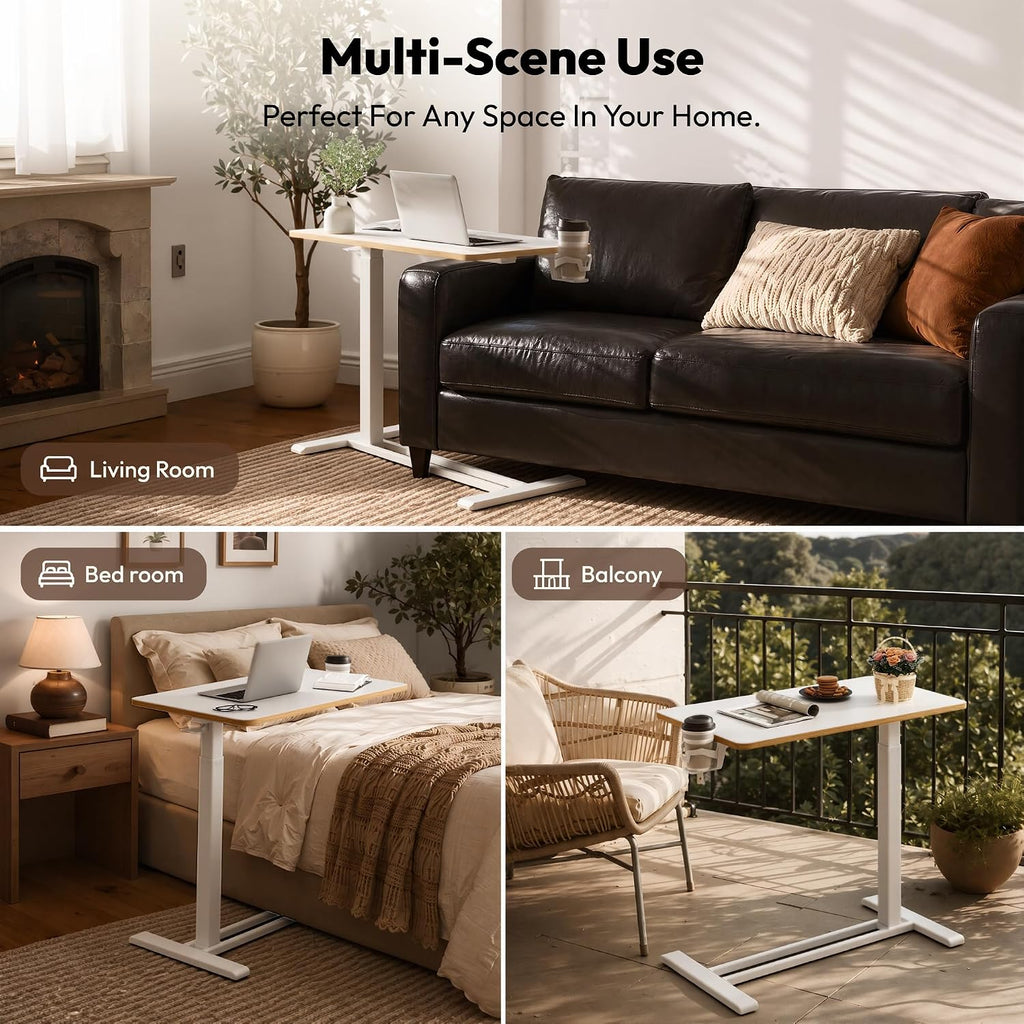 Medical Adjustable Overbed Bedside Table with Hidden Casters, Pneumatic Mobile Laptop Computer Standing Desk Cart Overbed Table with Tray, Hospital and Home Use(27.6" W x 15.7" D, White) - view 8