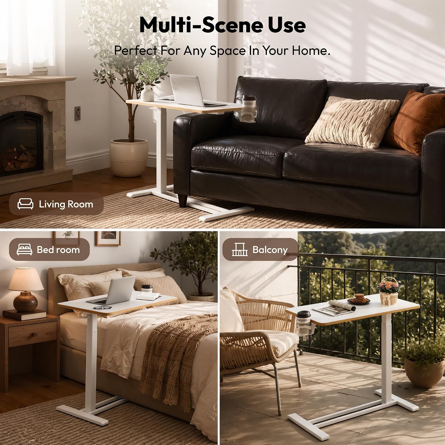 Medical Adjustable Overbed Bedside Table with Hidden Casters, Pneumatic Mobile Laptop Computer Standing Desk Cart Overbed Table with Tray, Hospital and Home Use(27.6" W x 15.7" D, White) - view 8