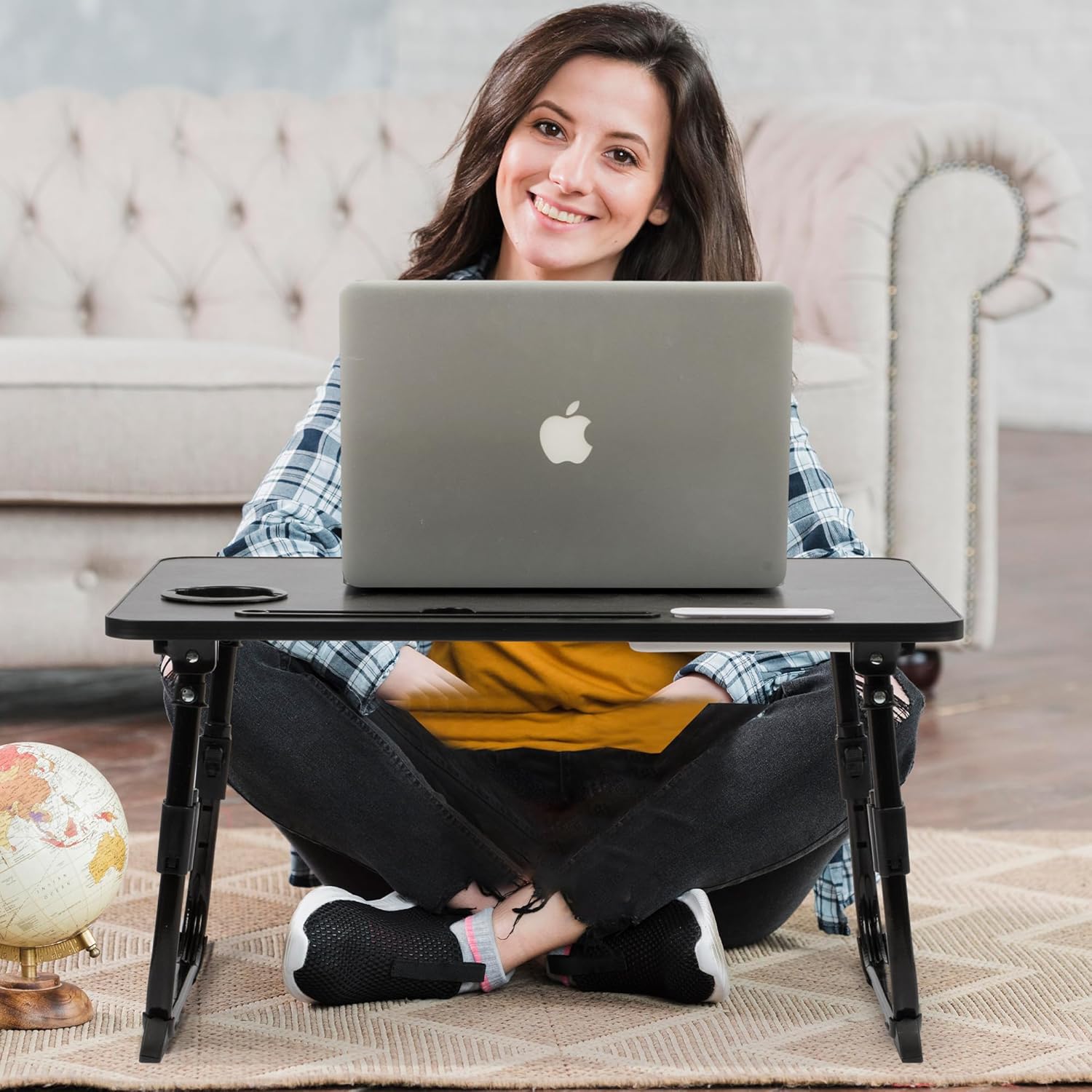 Lap desk for bed adjustable height with USB port 23.6" x15.7" desktop storage drawer, bookshelf, fits 17" laptop, for couch WFH study, foldable non-slip no assembly sturdy lightweight black - view 8