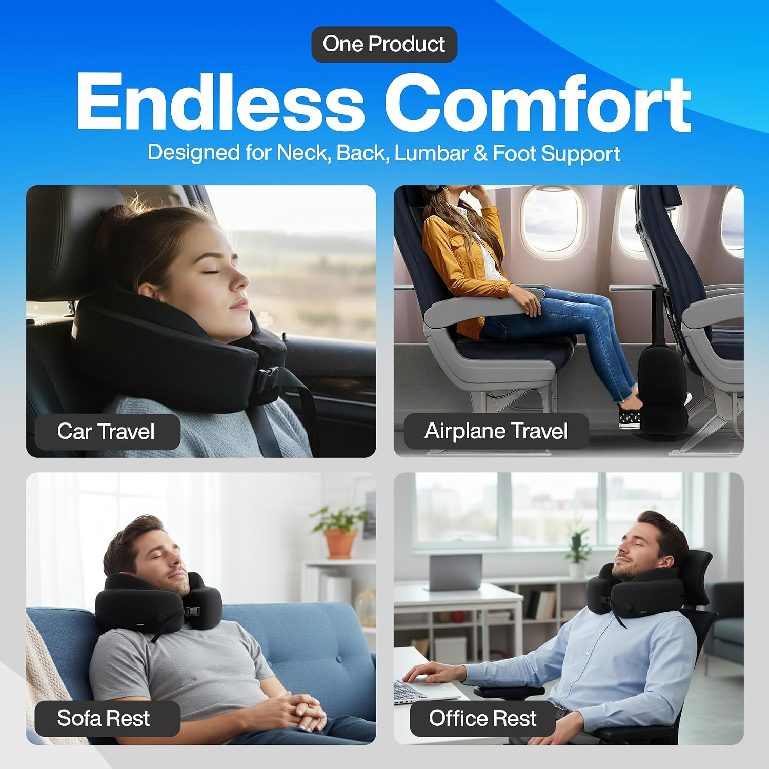 4-in-1 Travel Set – Inflatable Neck Pillow, Convertible Lumbar Support & Foot Hammock, 3D Sleep Mask & Ear Plugs – Complete Comfort Kit for Airplane, Office & Car – Gift-Ready (Black) - view 7