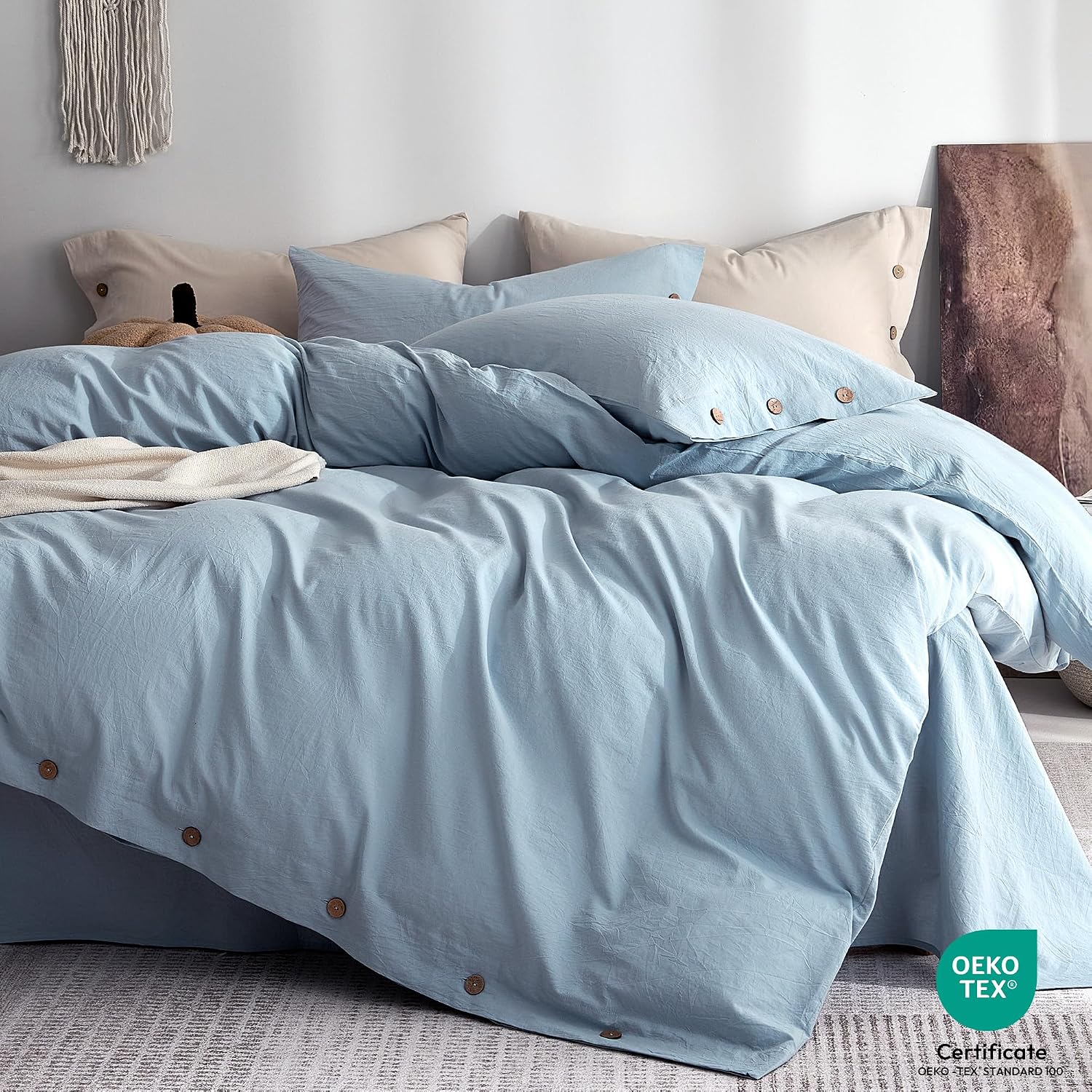 100% Washed Cotton Pillowcases, Standard, Button Closure | OEKO-TEX Certified, Pre-Shrunk, Natural Wrinkles, Linen-Look Texture for Everyday Bedding, Set of 2, 20 x 26 in - view 3