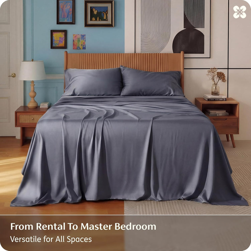 100% rayon derived from bamboo queen sheets, 4 pieces | cooling sheets for hot sleepers, breathable & silky soft, 16" deep pocket, hotel luxury bedding, dark grey - view 5