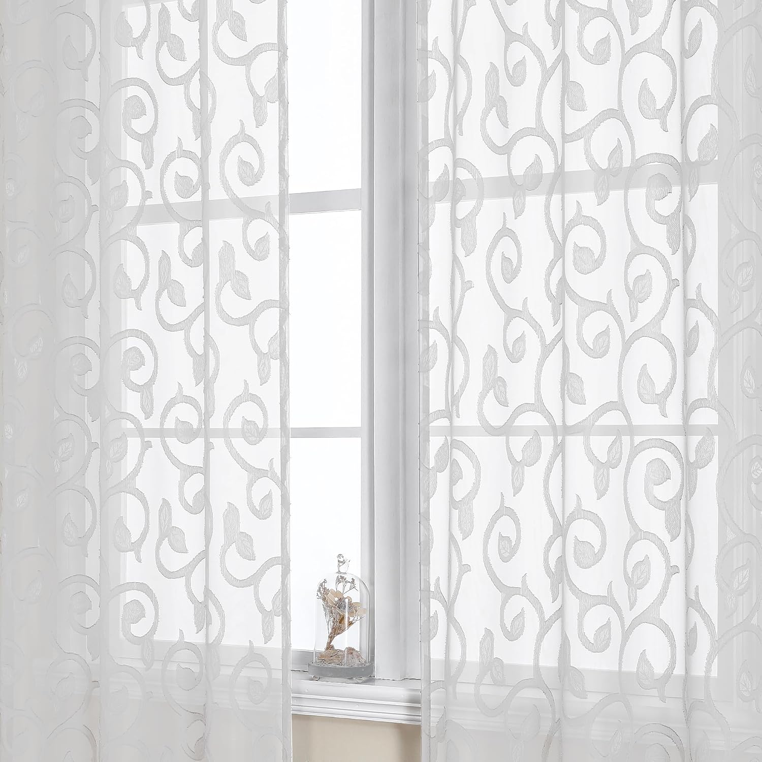 Sheer white curtains 84 inches long for bedroom living room 2 panels set, white curtains jacquard clip light filtering semi sheer curtain rod pocket window drapes, 2 pcs each 40 W 84 L