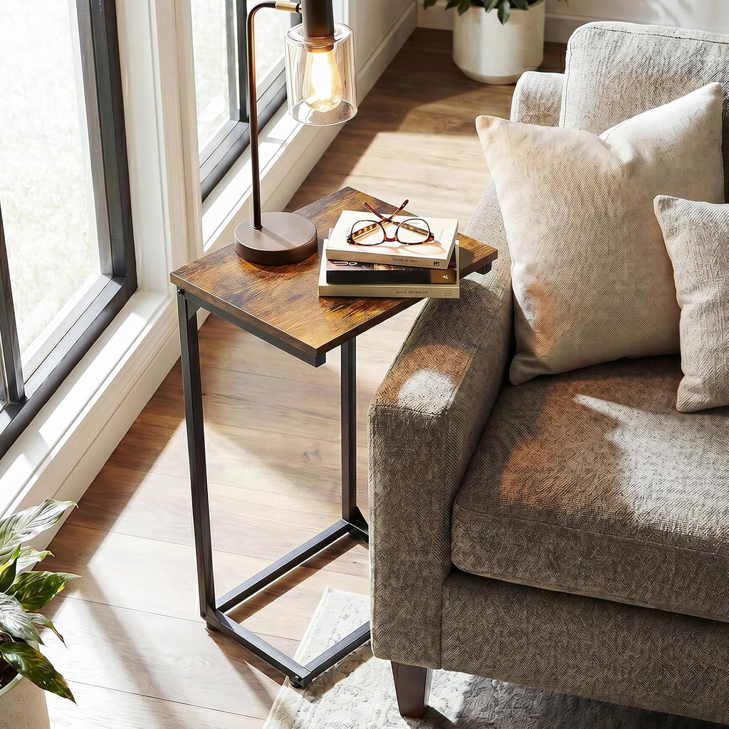 Couch Side Table, 26.37" Tall C Shaped End Table Set of 2 | TV Trays That Slide Under Sofa, Slim Laptop Workstation for Living Room Bedroom Small Spaces, Rustic Brown - view 7