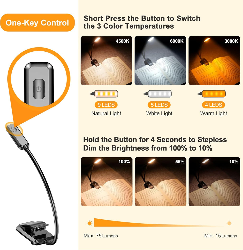9 LED Rechargeable Book Light for Reading in Bed | Eye Caring 3 Color Temps,Stepless Dimming Brightness,80 Hrs Runtime Small Lightweight Clip On Book Reading Light for Studying - view 3