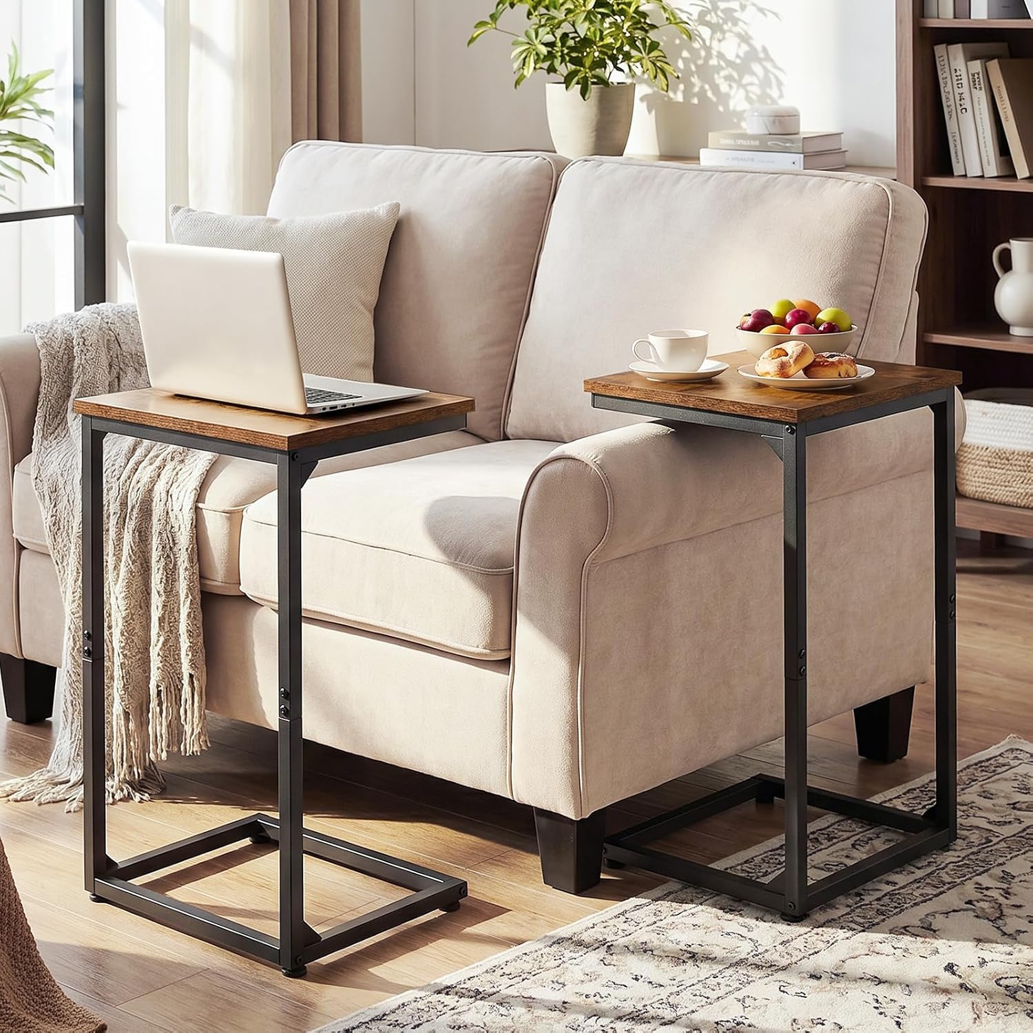 Couch Side Table, 26.37" Tall C Shaped End Table Set of 2 | TV Trays That Slide Under Sofa, Slim Laptop Workstation for Living Room Bedroom Small Spaces, Rustic Brown - view 5