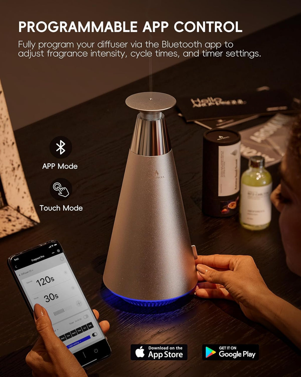 All-Metal Waterless Scent Diffuser Kit – 1500 Sq.Ft Coverage, Wireless Rechargeable,App Control, Mood Light, Hotel Scent Diffuser, Includes 5×15ml Essential Oils, for Home,Large Room,Spa,Silver - view 6